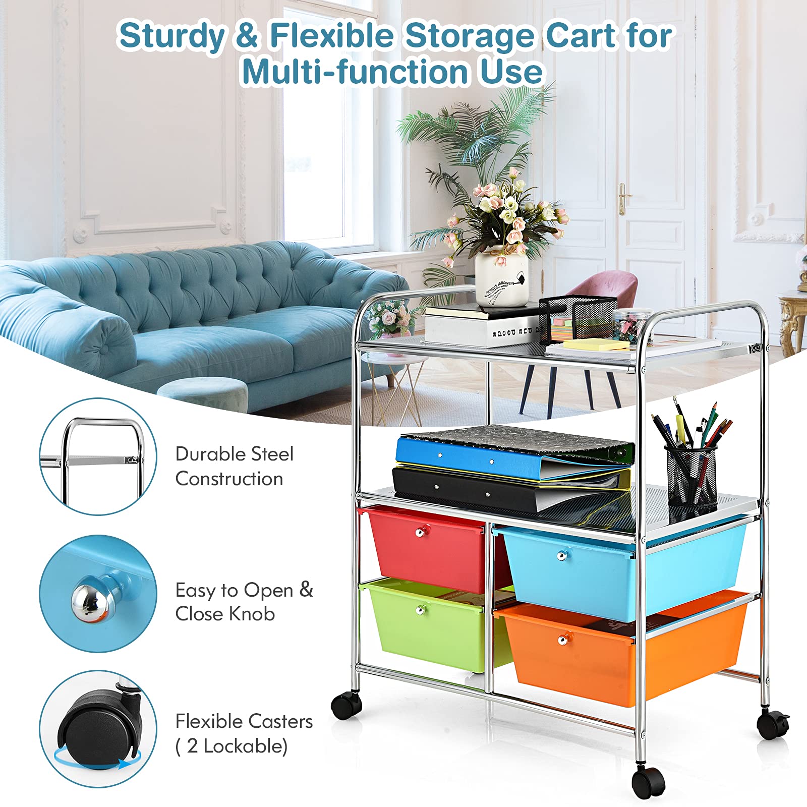 4-Drawer Rolling Cart with 2 Shelves - Mobile Storage Organizer for Home Office & Salon