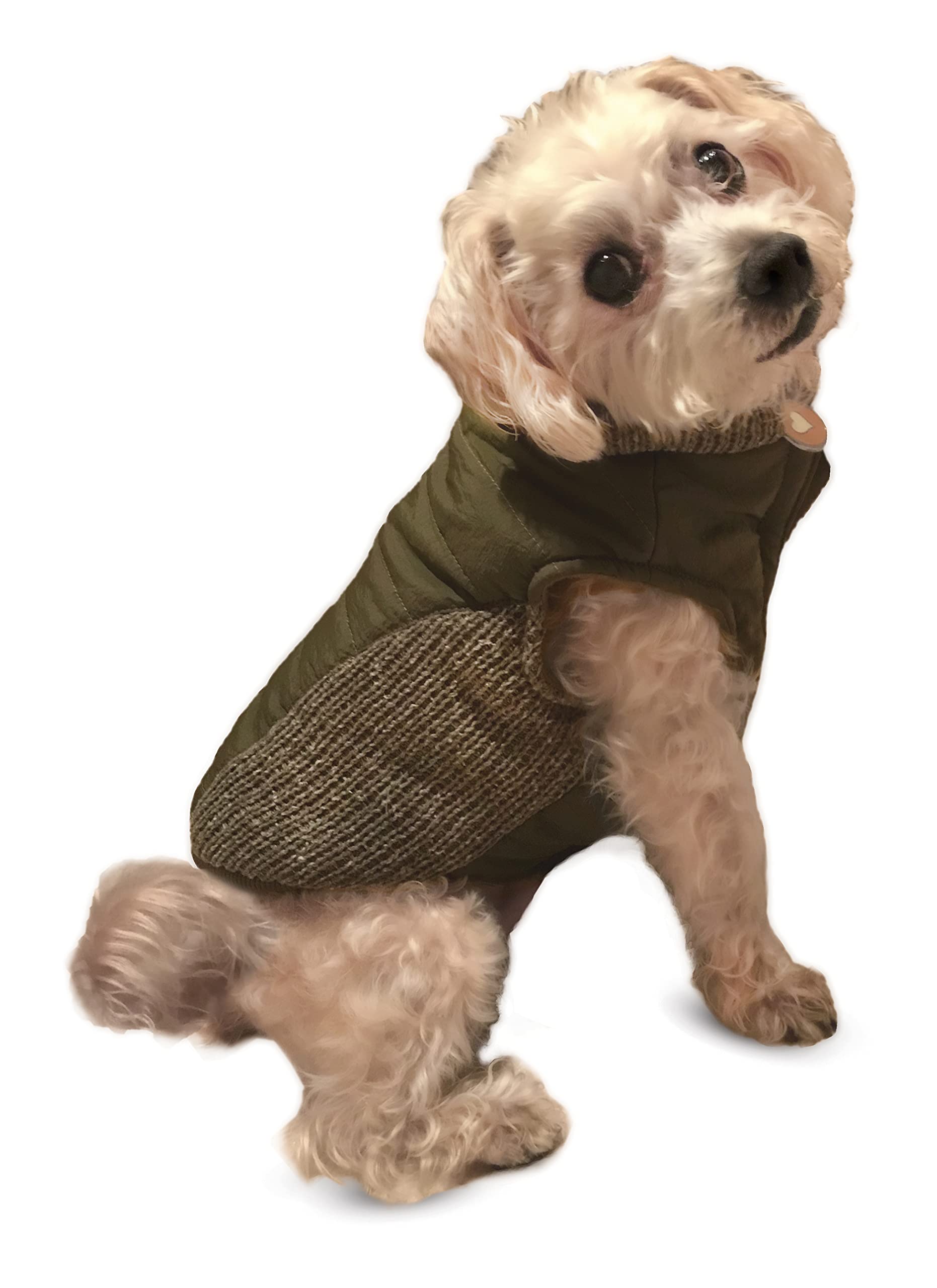 Extra Large Olive Puffy Coat with Sweater Trim for Dogs - Warm Winter Dog Jacket for Outdoor Walks and Cold Weather Protection