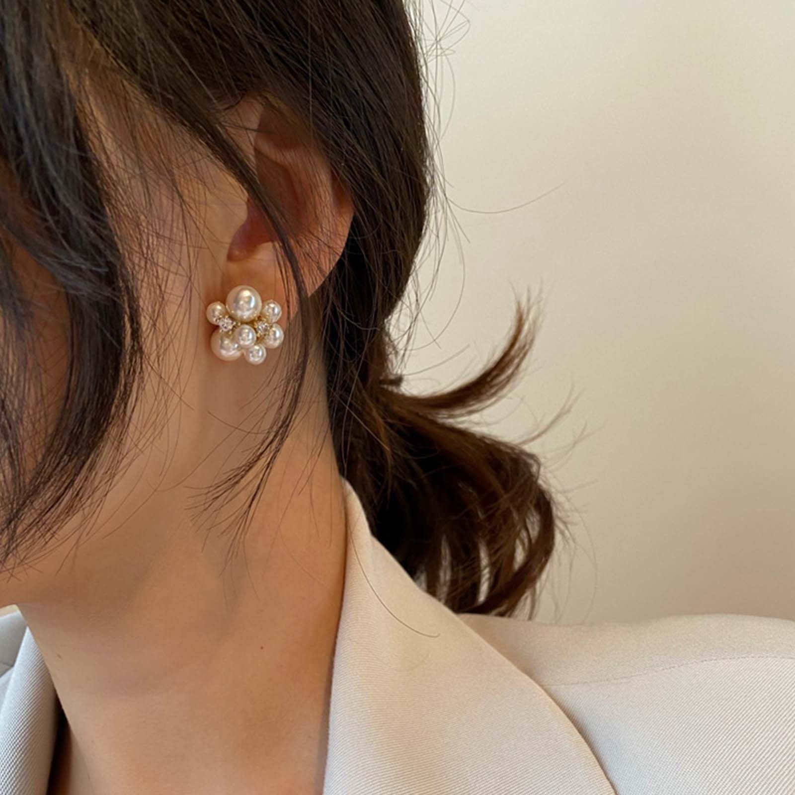 Boho Pearl Cluster Stud Earrings for Women - French Ball Drop Dangle Earrings with Rhinestones - Simulated Pearl Bridal Wedding Jewelry - Perfect for Boho Chic, Casual Wear, and Special Occasions