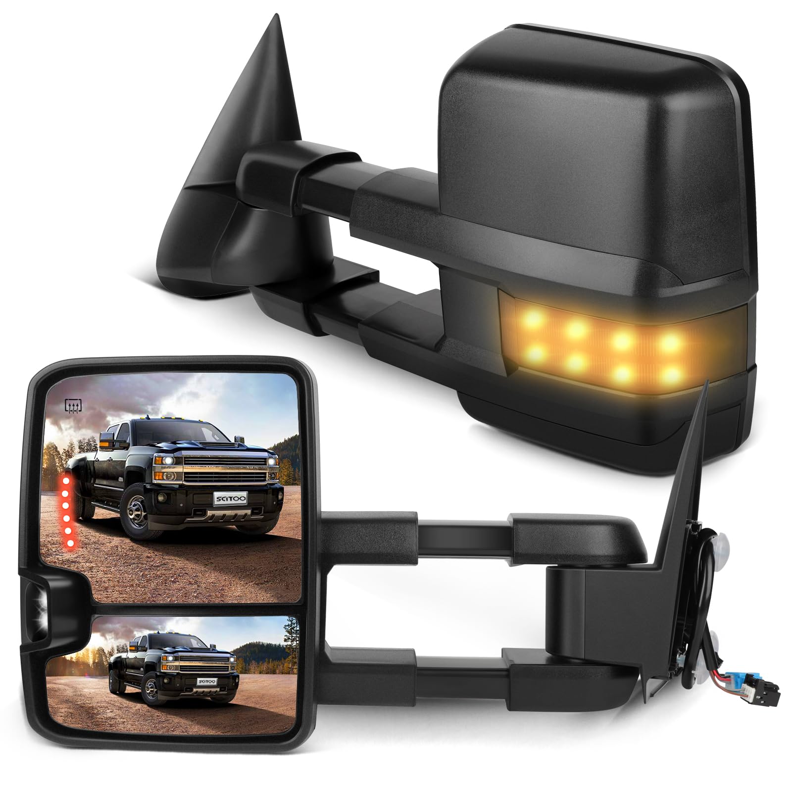 SCITOO Black Power-Adjusted Heated Towing Mirrors with LED Turn Signal & Puddle Light - Compatible with 2003-2006 Chevy Silverado & GMC Sierra Pickup Trucks (Pair LH RH) - Perfect for Enhanced Visibility & Safety During Towing & Night Driving