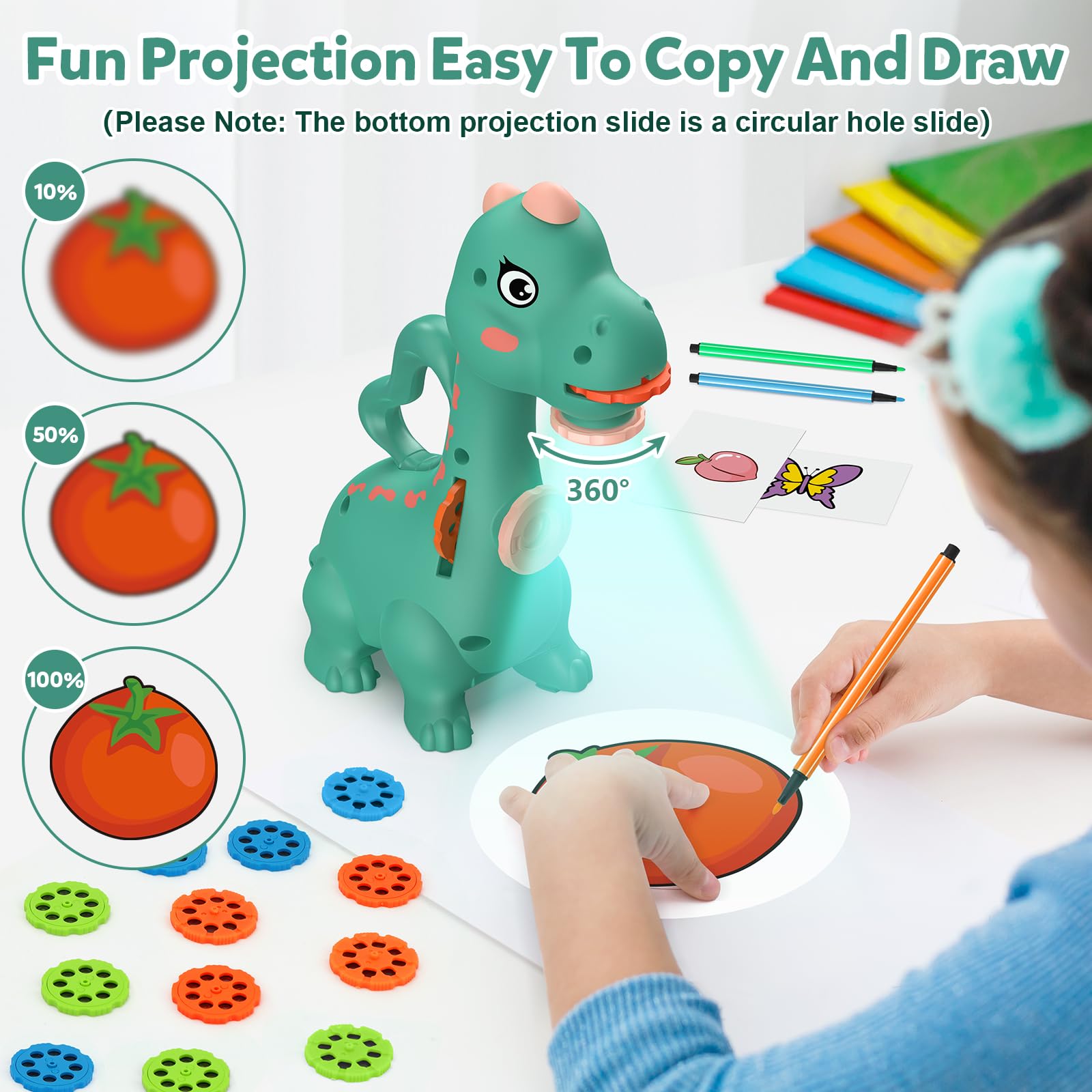 KETIEE Dinosaur Drawing Projector Toy for Kids Ages 5-7 - Smart Art Sketcher with 96 Stencils & Dual Projector Heads - Fun Tracing & Drawing Learning Toy for Boys & Girls (Green) - Perfect for Birthday Gifts, Classroom Activities & Creative Playtime