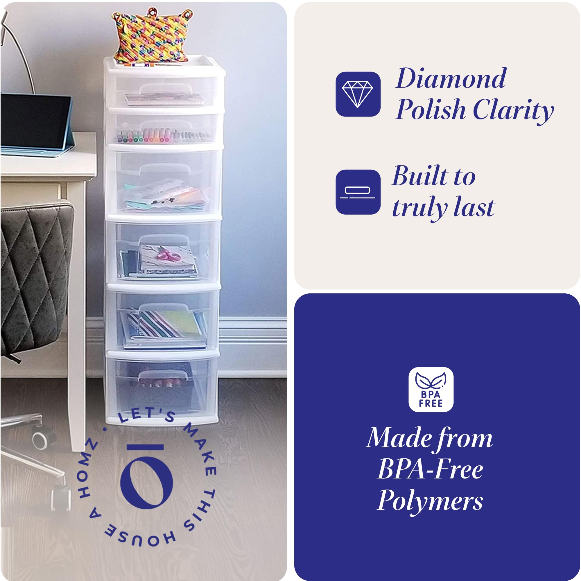 HOMZ 2-Pack 6-Tier Clear Plastic Storage Drawer Tower Organizer with White Frame - Perfect for Bedroom Closet, Bathroom, Office & Craft Room Organization