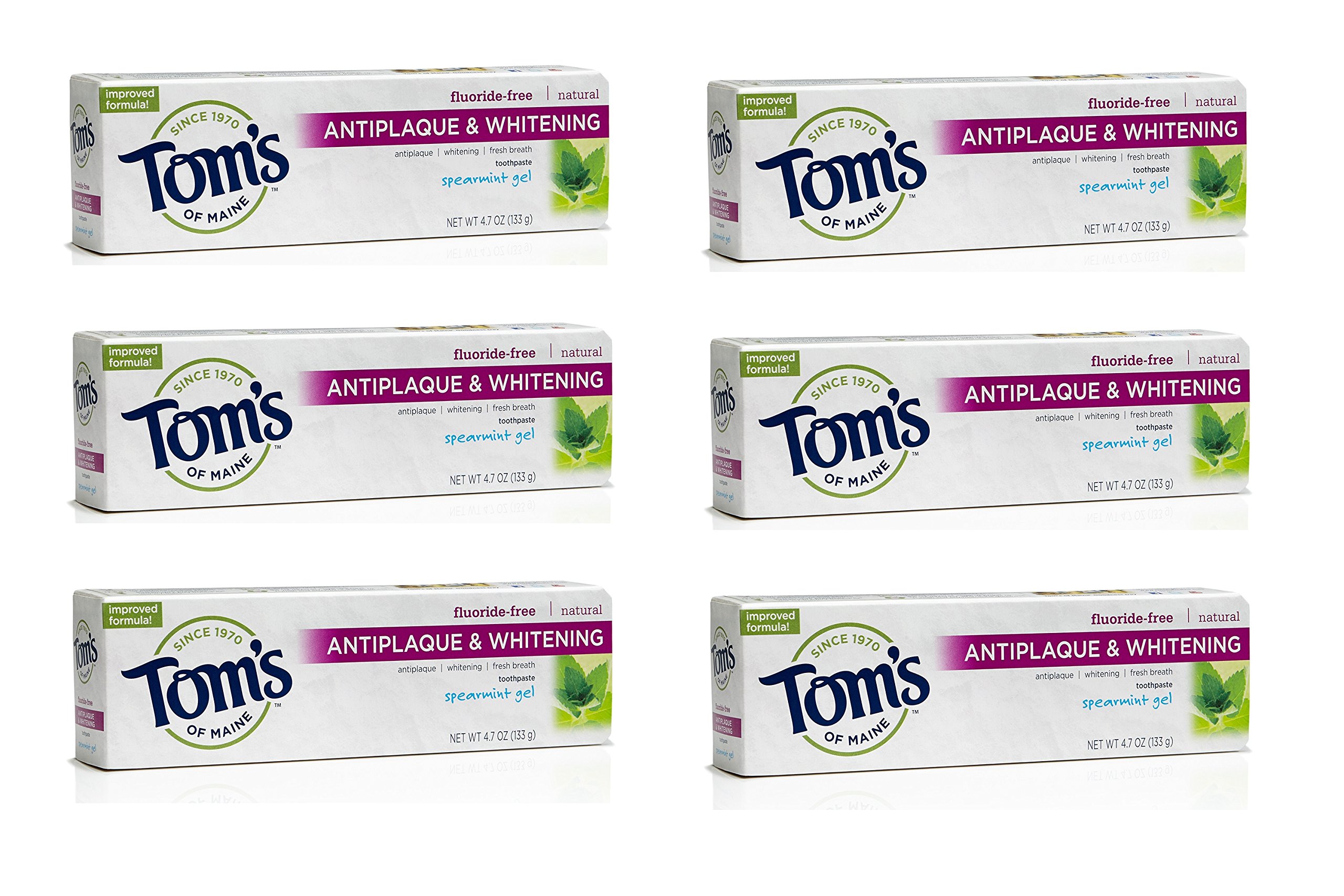 Tom's of Maine Antiplaque & Whitening Toothpaste Gel - Natural Spearmint Flavor, 4.7 oz (6-Pack) | Fluoride-Free, Vegan & Cruelty-Free | Freshens Breath & Removes Plaque for Daily Oral Care