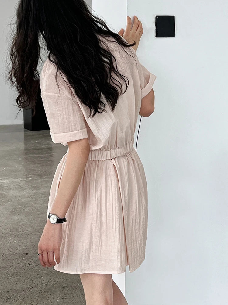 Beige Women's Two-Piece Suit Set - Thin Half Body Skirt & Lapel Short Sleeve Shirt | Spring Summer 2025 Fashion Trend | Office Wear, Casual Outfits, Party Dresses (Style 1DJ1239)