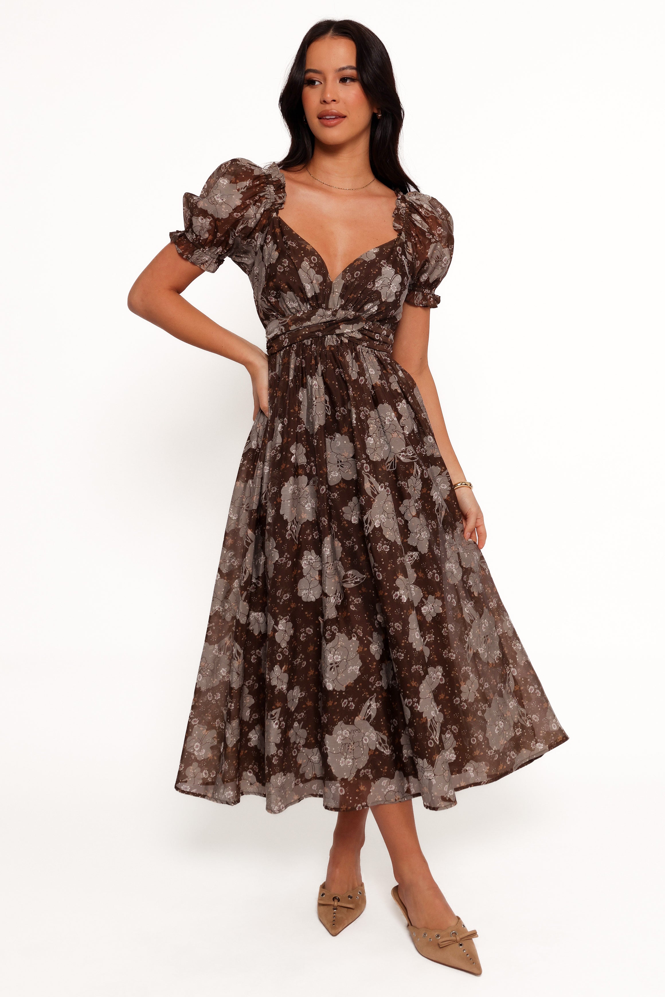 Farryn Women's Maxi Dress - Elegant Brown & Grey Flowy Long Dress for Summer, Beach, Parties & Casual Wear