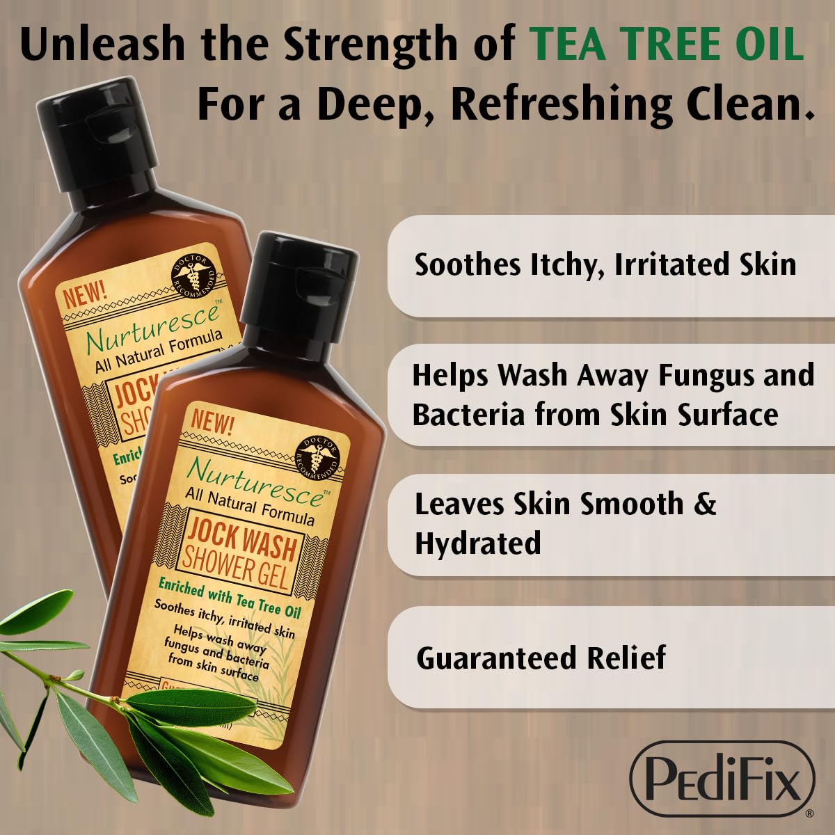 **PediFix Nurturesce Jock Wash Shower Gel - 6 oz Tea Tree Oil Body Wash for Men, Anti-Fungal & Itch Relief, Soothes Irritated Skin, Natural Ingredients (Packaging May Vary) - Ideal for Athletes & Active Lifestyles**
