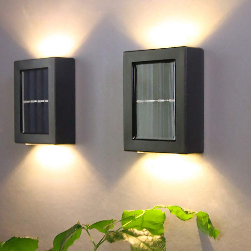 CALIDAKA 2 Pack LED Solar Wall Lights - Waterproof IP65 Outdoor Security Lighting, Up & Down Solar Fence Lights for Garden, Porch, Pathway (Warm White) | Perfect for Home Exterior, Backyard & Landscape Illumination