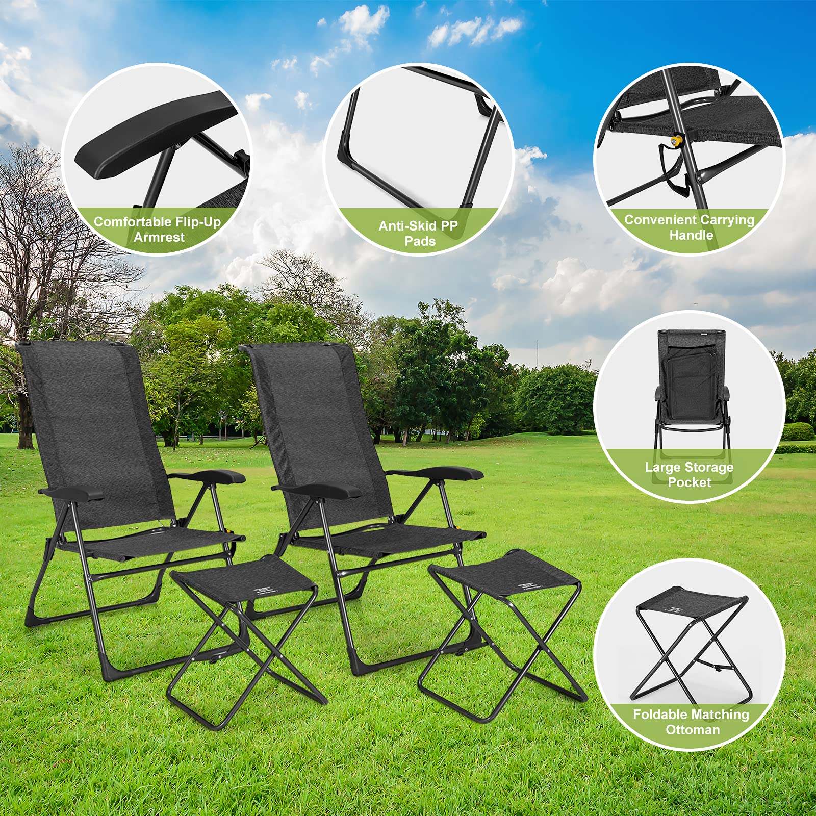 Giantex 4-Piece Folding Patio Chair Set - 2 Pack Adjustable Sling Chairs with Footrest for Outdoor Dining, Camping, Lawn & Poolside Relaxation | Portable Garden Chairs for Porch, Yard, Backyard & Beach Use