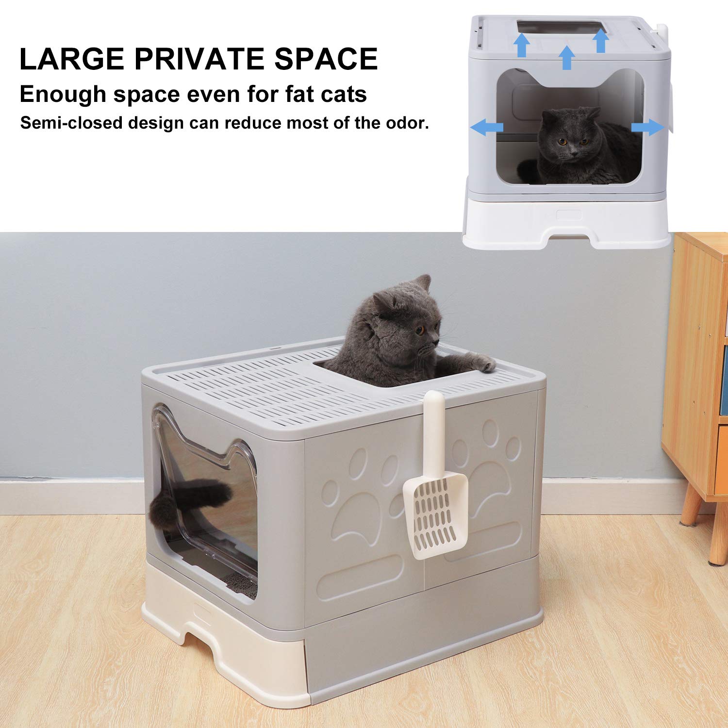 GENENIC Large Foldable Cat Litter Box with Lid - Top Entry Design for Anti-Splashing - Includes Plastic Scoop (Grey) | Perfect for Small Spaces & Travel | Odor Control for Home & Apartments
