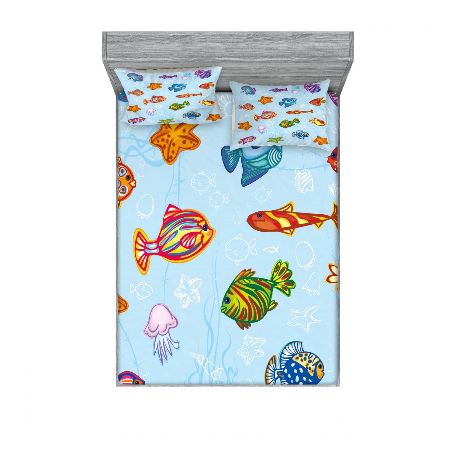Ambesonne 2-Pack Queen Size Fitted Sheet & Pillow Sham Set - Navy Blue Nautical Ocean Theme Bedding Decor (4-Piece Set) | Perfect for Beach House, Coastal Decor & Marine Themed Bedrooms