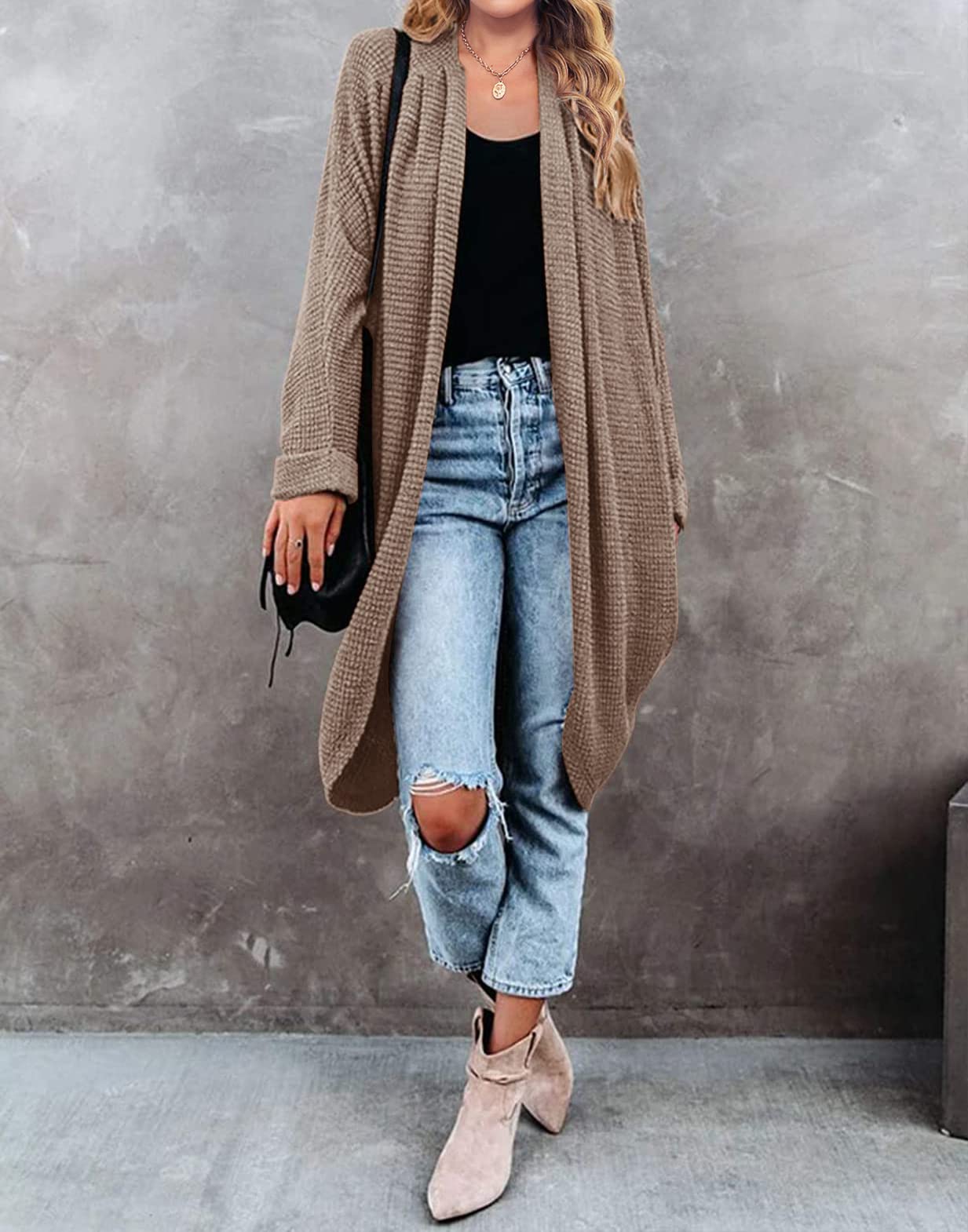 MEROKEETY Women's 2025 Fall Waffle Knit Batwing Long Sleeve Cardigan - Loose Open Front Sweater Coat for Casual Outfits & Layering in Cool Weather