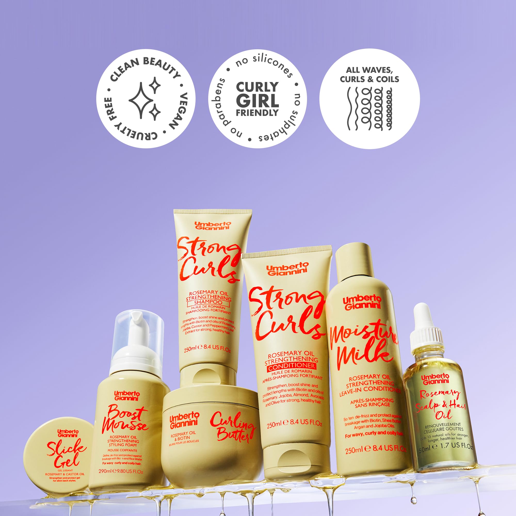 Umberto Giannini Strong Curls Rosemary Oil Shampoo & Conditioner Set - Biotin Enriched, Sulfate Free, Vegan Hair Care for Curly Hair - 250ml x 2 (Pack of 2) - Perfect for Dry, Damaged Hair & Curl Definition
