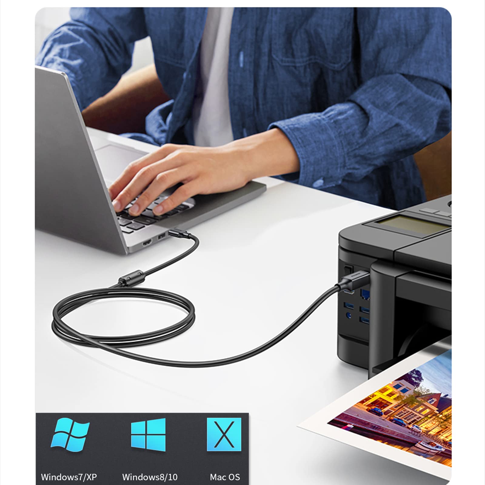 USB 2.0 Printer Cable A to B Male Cord - 6.6ft High-Speed Data Transfer Compatible with HP Deskjet, Envy, Laserjet, OfficeJet & PhotoSmart Printers - Perfect for Home Office, Small Business & School Printing Needs