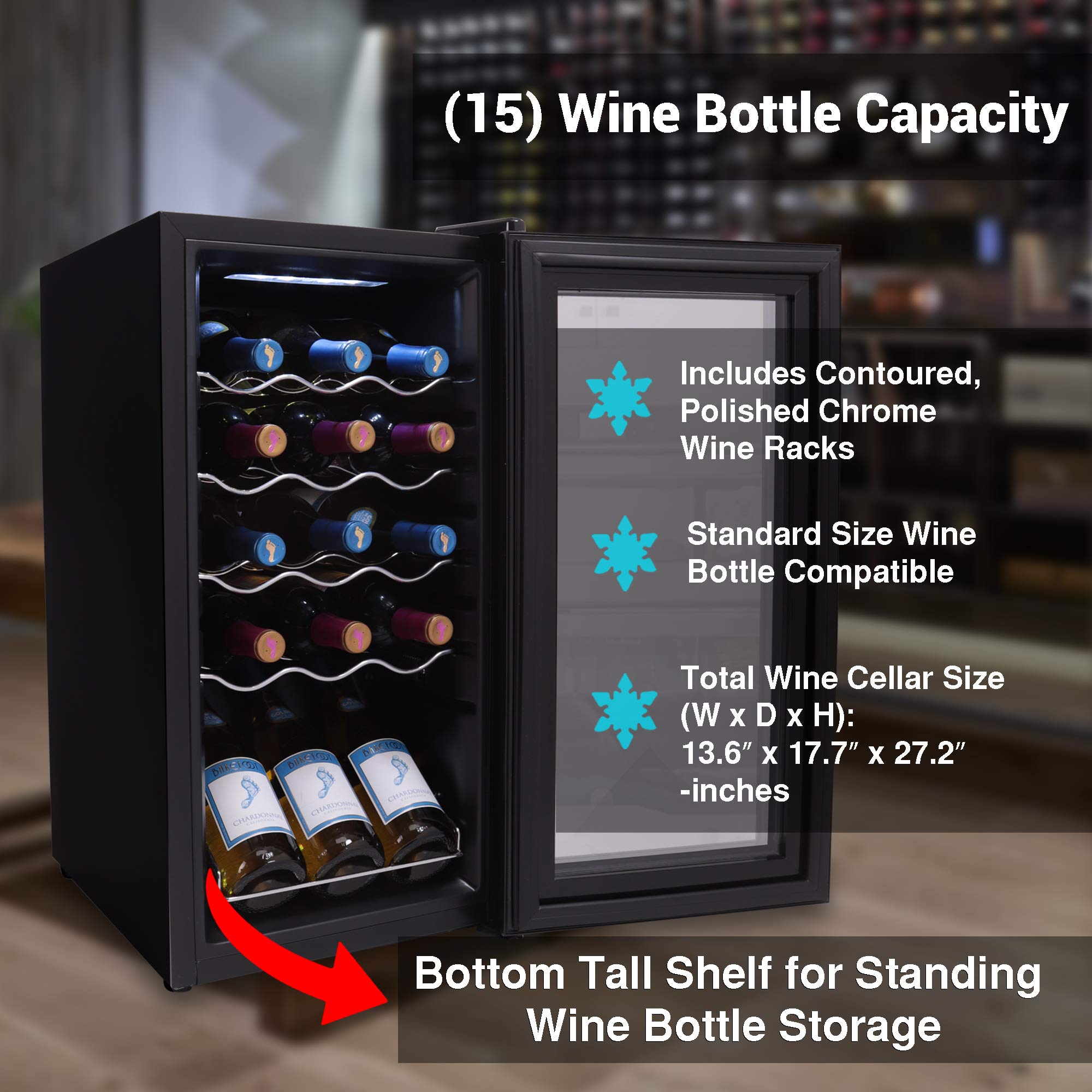 NutriChef 15-Bottle Compact Wine Cooler - Freestanding Mini Refrigerator with Digital Touch Control, Glass Door & Quiet Operation - Perfect for Home, Office, or Bar (Black, White & Red)