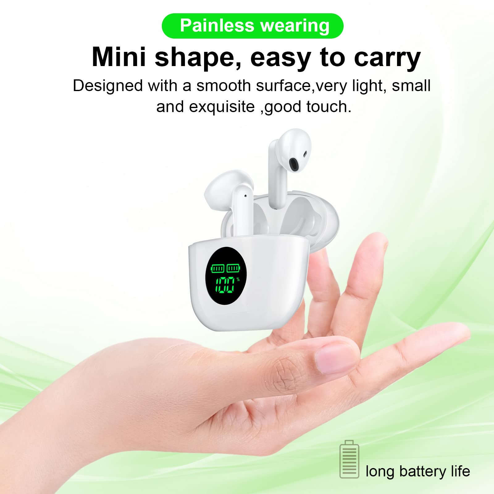Wireless Earbuds Bluetooth 5.3 with ENC Noise Cancelling, IPX7 Waterproof, 40H Playtime, Fast Charging, Lightweight Comfort Fit for Running, Workout, Travel & Daily Use - White
