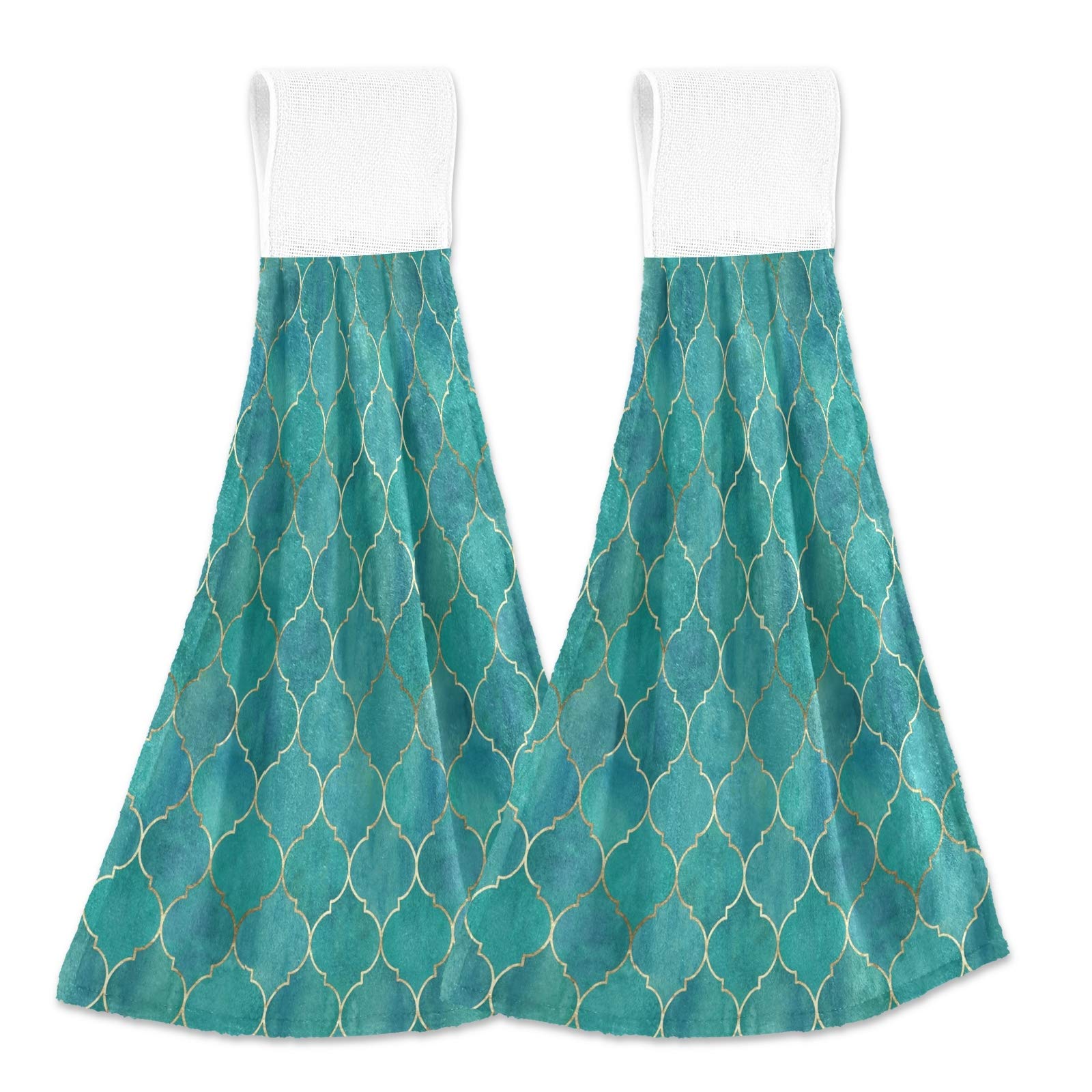 ATTX Set of 2 Teal Moroccan with Gold Line Hanging Towels - Super Absorbent Soft Coral Velvet Kitchen Hand Towels & Dish Cloths for Kitchen, Bathroom - Perfect for Drying Hands, Wiping Dishes, and Decorating Your Home