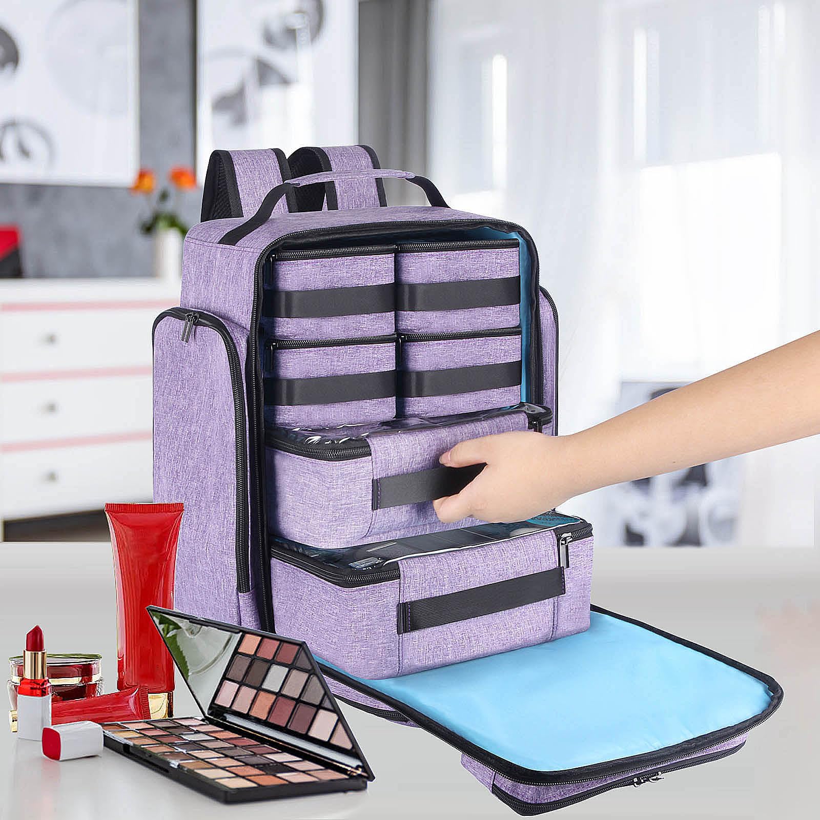Extra Large Travel Makeup Organizer Backpack with 6 Removable Cases - Professional Cosmetic Storage Bag for Women & Makeup Artists (Purple) - Perfect for Air Travel, Salon Work & On-the-Go Beauty