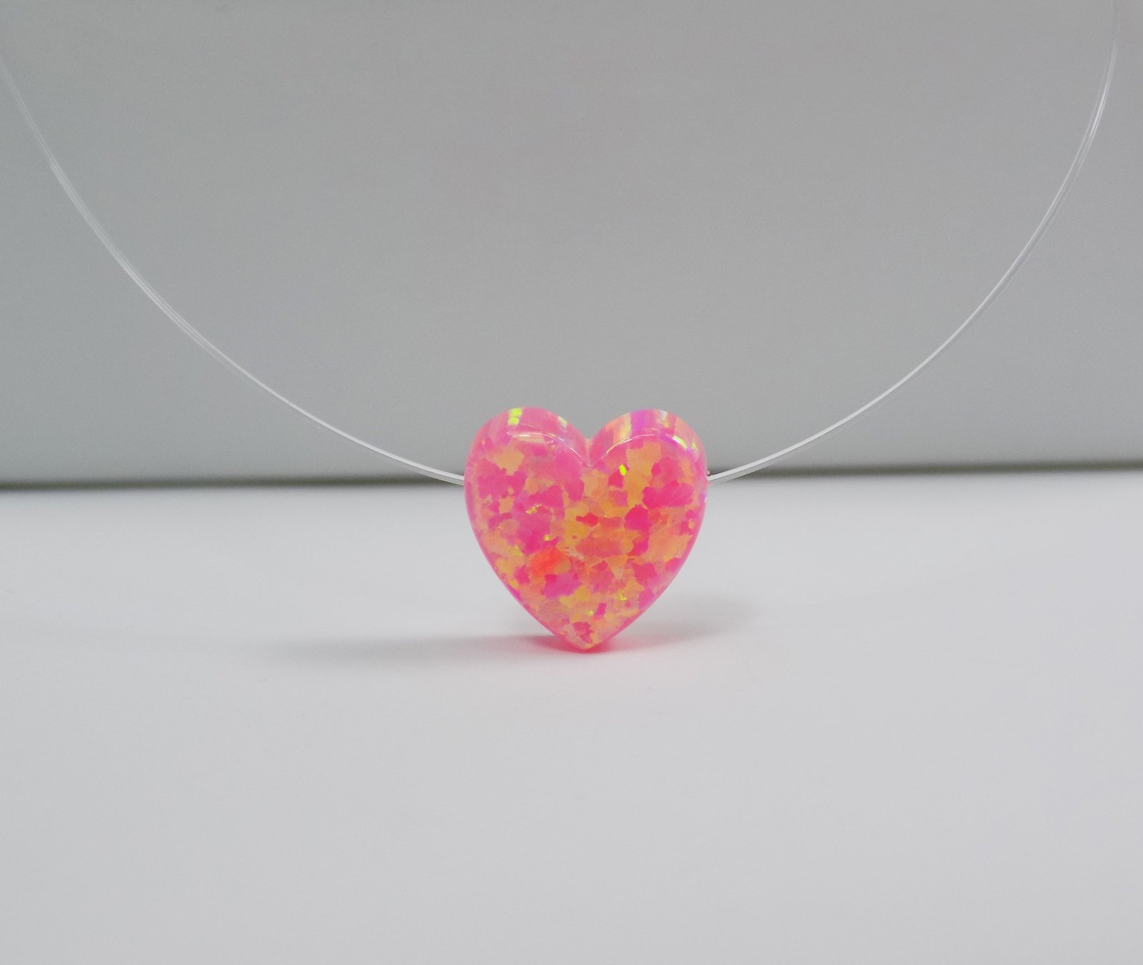 Opal Heart Necklace with Floating Illusion Pendant, Clear Fishing Line Charm, Perfect for Romantic Gifts & Special Occasions