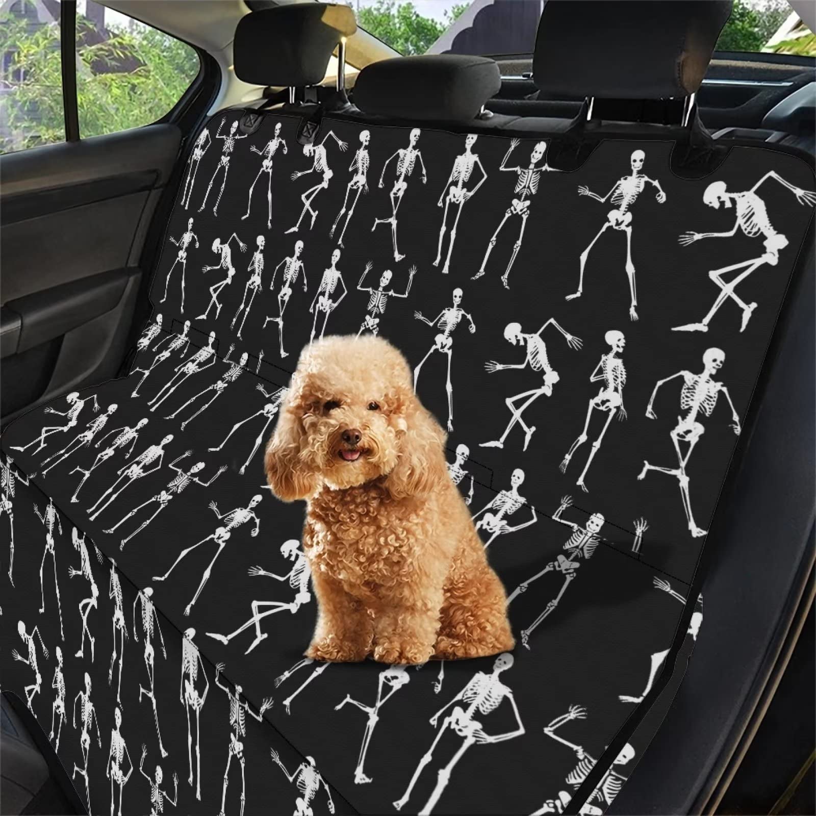 POLERO Skull Dog Car Seat Cover - Halloween Pet Seat Protector & Travel Hammock for Dogs - Skeleton Design Car Accessories - Size L - Perfect for Road Trips & Spooky Halloween Decor