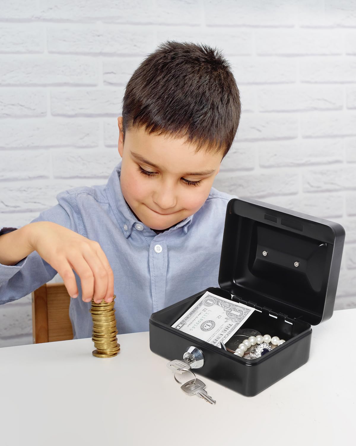 Lovndi Small Metal Cash Box with Money Tray & Lock - Secure Lockbox for Money, Coins, Valuables - Perfect for Home, Office, Retail Stores & Small Business Cash Management