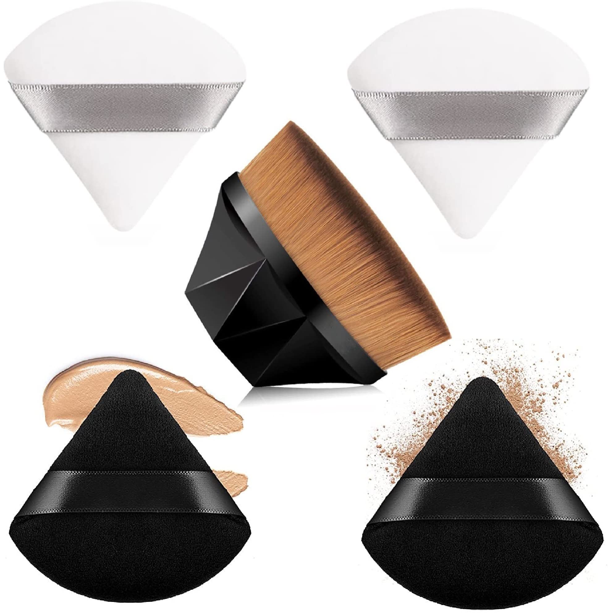 4+1 Pcs Velour Triangle Powder Puff & Kabuki Brush Set for Flawless Liquid, Cream & Loose Powder Makeup - Face Contouring, Foundation & Eyeshadow Application - Perfect for Daily Makeup & Professional Use (Color May Vary)