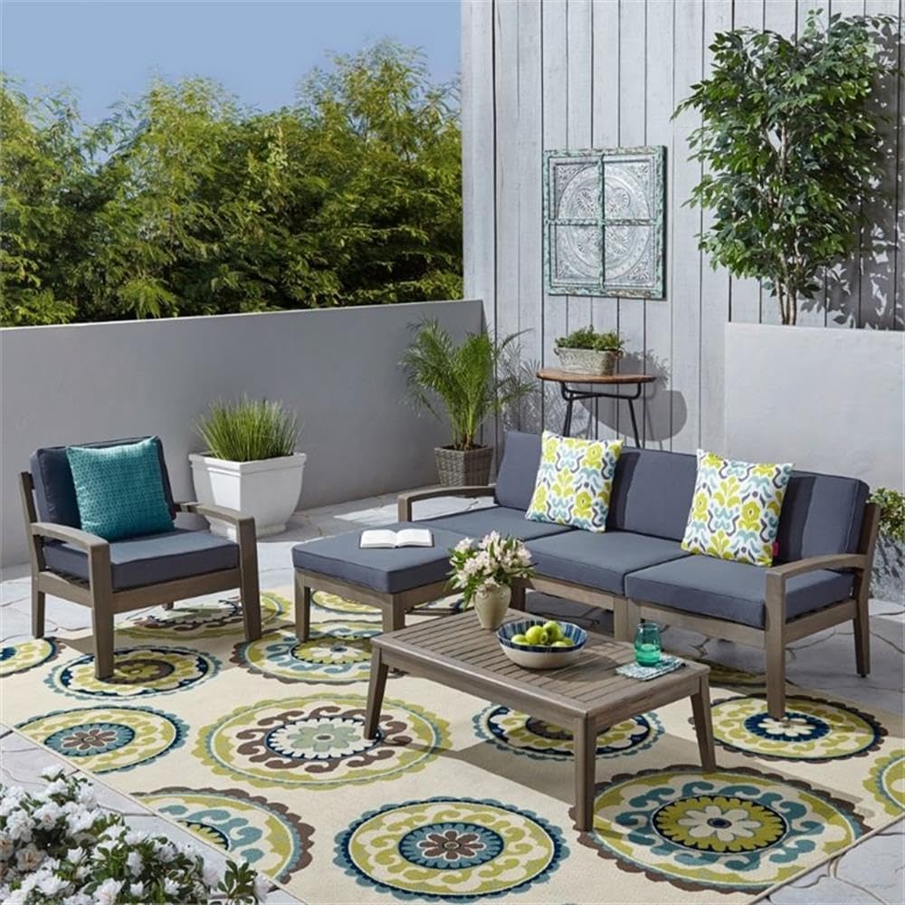 Noble House Grenada 6-Piece Outdoor Acacia Wood Sectional Sofa Set in Gray - Perfect for Patio, Garden, Poolside & Backyard Relaxation