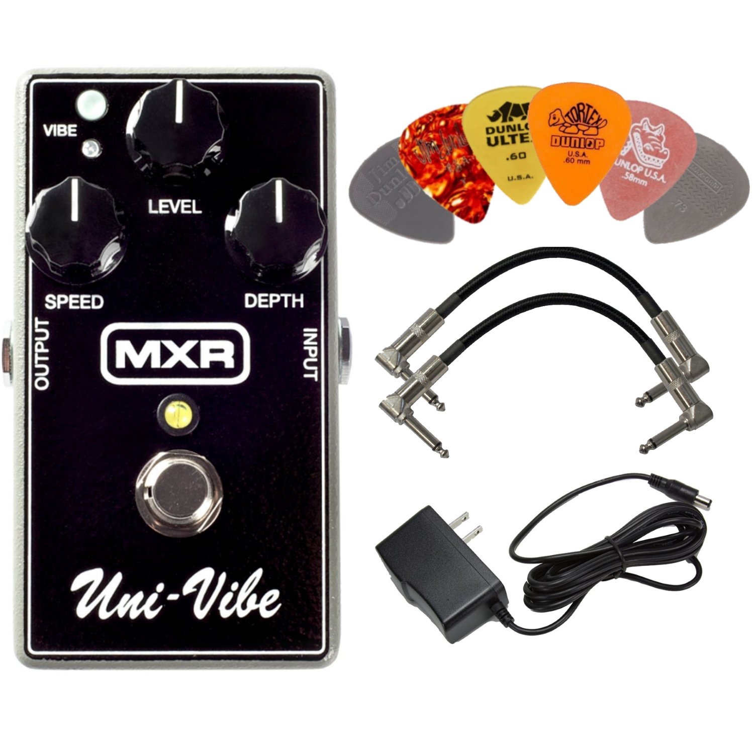 MXR M68 Uni-Vibe Chorus Vibrato Guitar Effects Pedal Bundle with 9V DC 1000mA Power Supply, 2 Metal-Ended Patch Cables & 6 Dunlop Picks - Perfect for Stage Performances, Studio Recording & Electric Guitar Effects Enhancement
