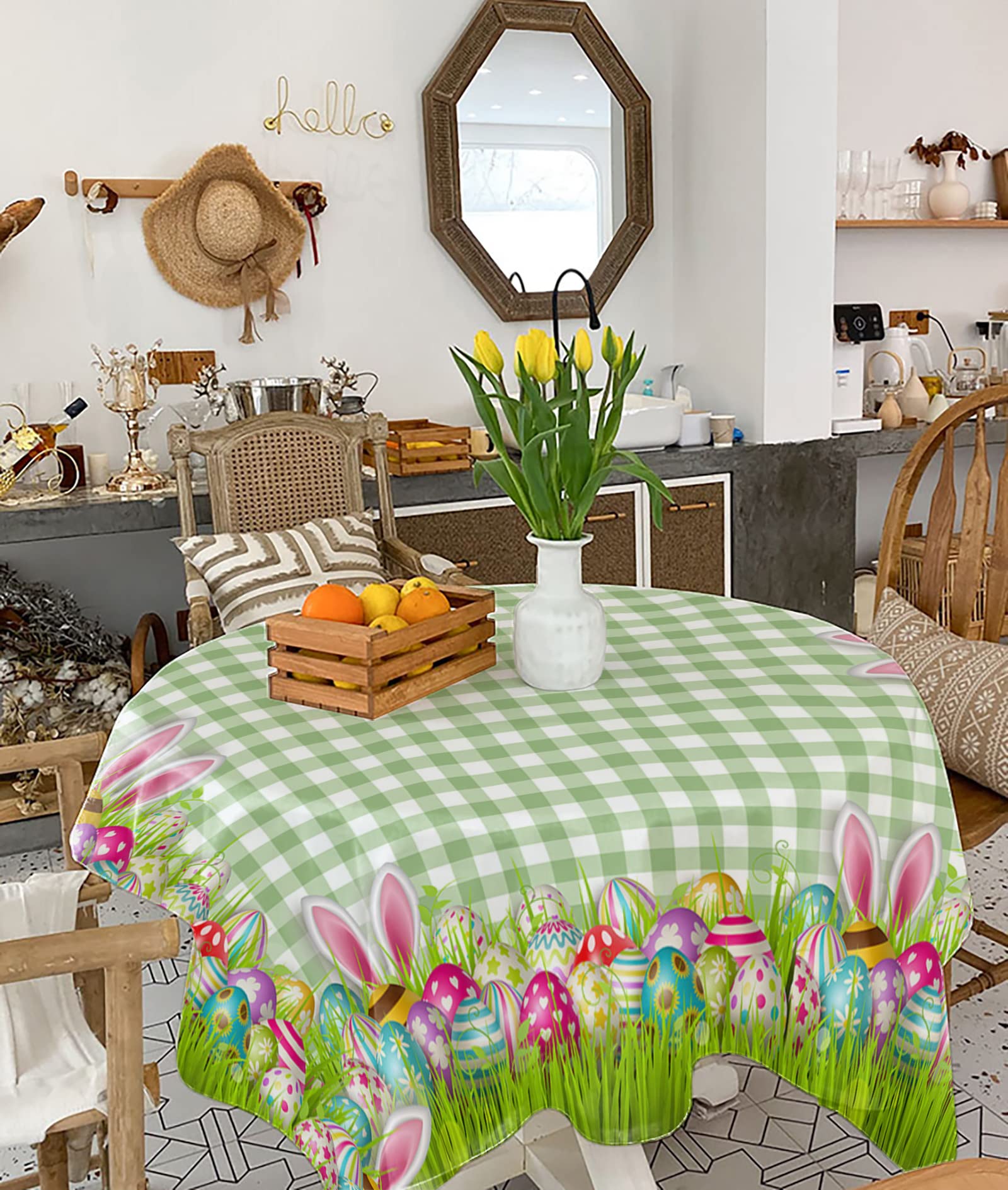 Easter Waterproof Tablecloth 54x54 Inch - Green Plaid Design with Easter Eggs & Bunny Pattern, Washable Square Dining Table Cover for Spring Party Decor, Outdoor Picnic & Holiday Celebrations