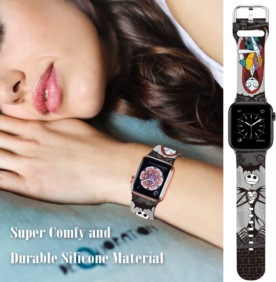 Hepsun Halloween Sally & Jack Skellington Apple Watch Band - Soft Silicone Replacement Strap for iWatch Series SE/8/7/6/5/4/3/2/1 - 38mm 40mm 41mm Cartoon Sports Band - Perfect for Halloween Costumes & Everyday Wear (41/40/38mm, JACK)