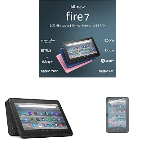 Fire 7 Tablet 32GB (Black, Ad-Supported) with Amazon Standing Case & 2-Pack Screen Protector - Perfect for Reading, Streaming & Travel
