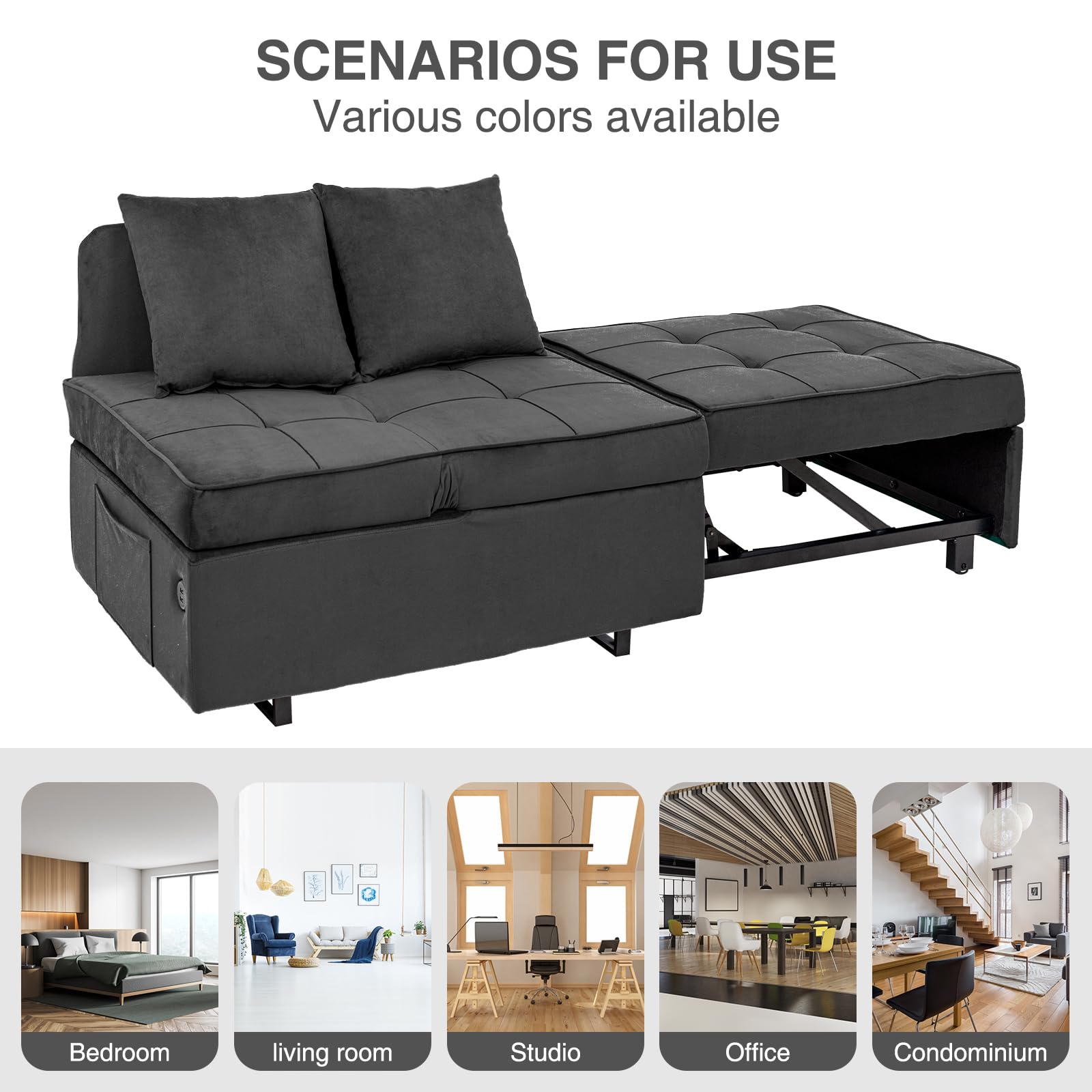 4-in-1 Convertible Velvet Sofa Bed with USB Ports - Sleeper Sofa Chair, Pull Out Futon Couch & Ottoman Bed - 5 Adjustable Backrest & Pillow - Dark Grey for Small Spaces, Living Room, Guest Room & Studio Apartments