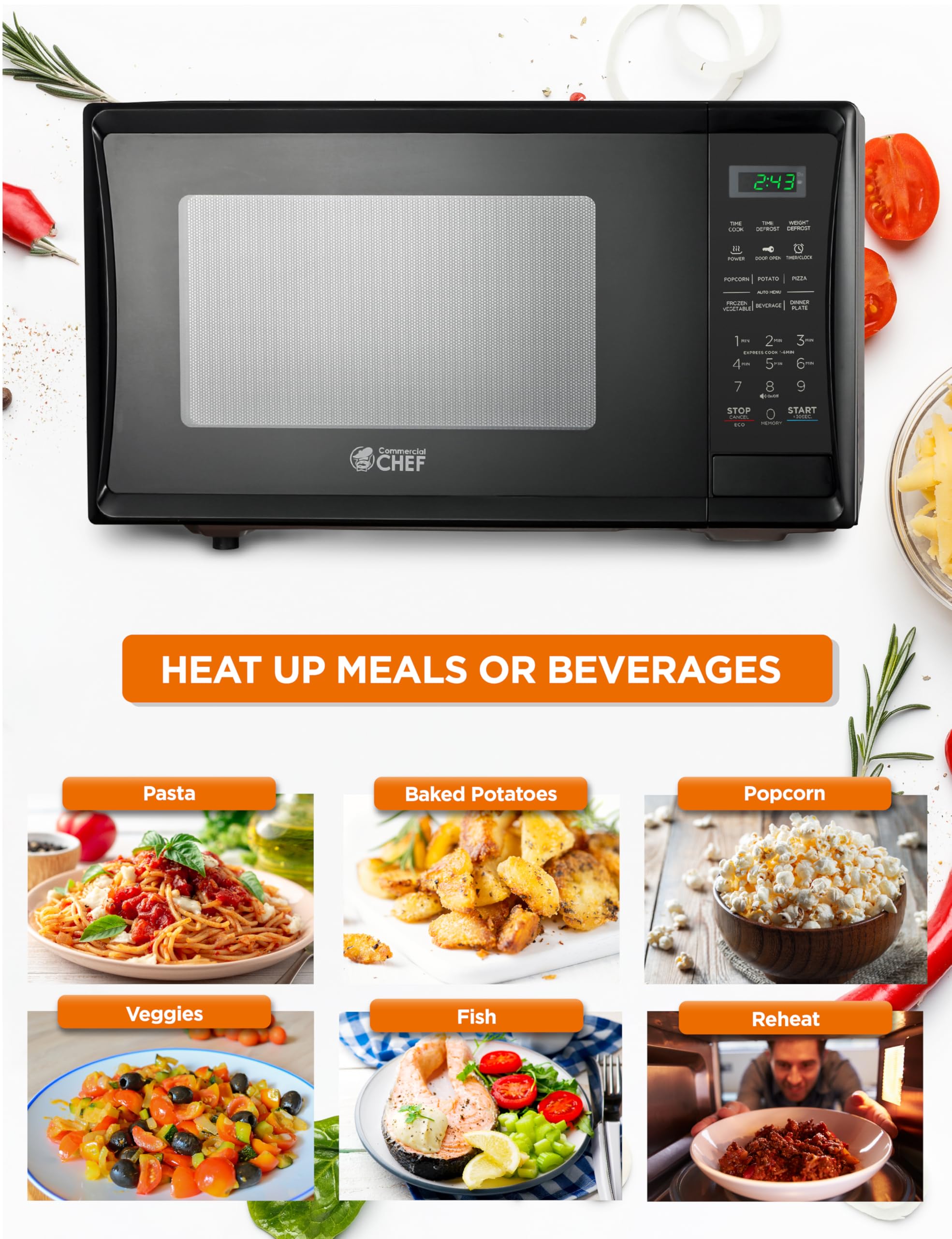 Commercial Chef 1.1 Cu Ft 1000W Countertop Microwave with 10 Power Levels, Push Button Door Lock, Turntable & Digital Controls - Perfect for Kitchens, Offices, Dorms & Small Spaces (Black)