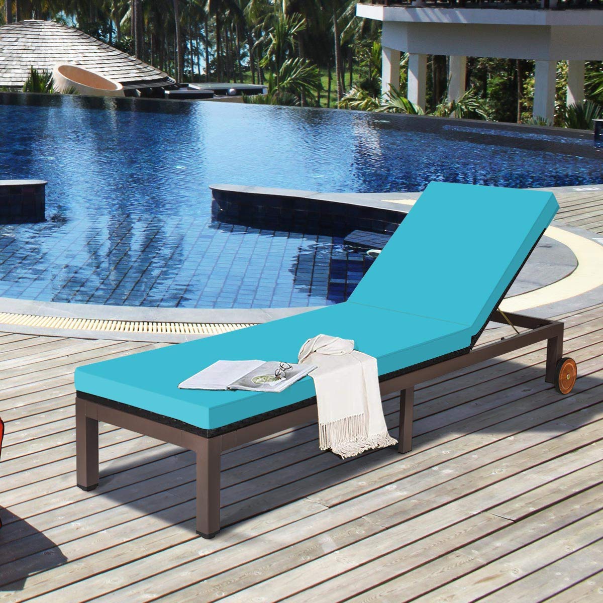 **5-Position Adjustable Patio Chaise Lounge Chair with Wheels - Foldable Metal Rattan Lounger with Cushioned Seating for Garden, Poolside & Outdoor Relaxation (Turquoise) - Perfect for Sunbathing, Reading & Lounging by the Pool**