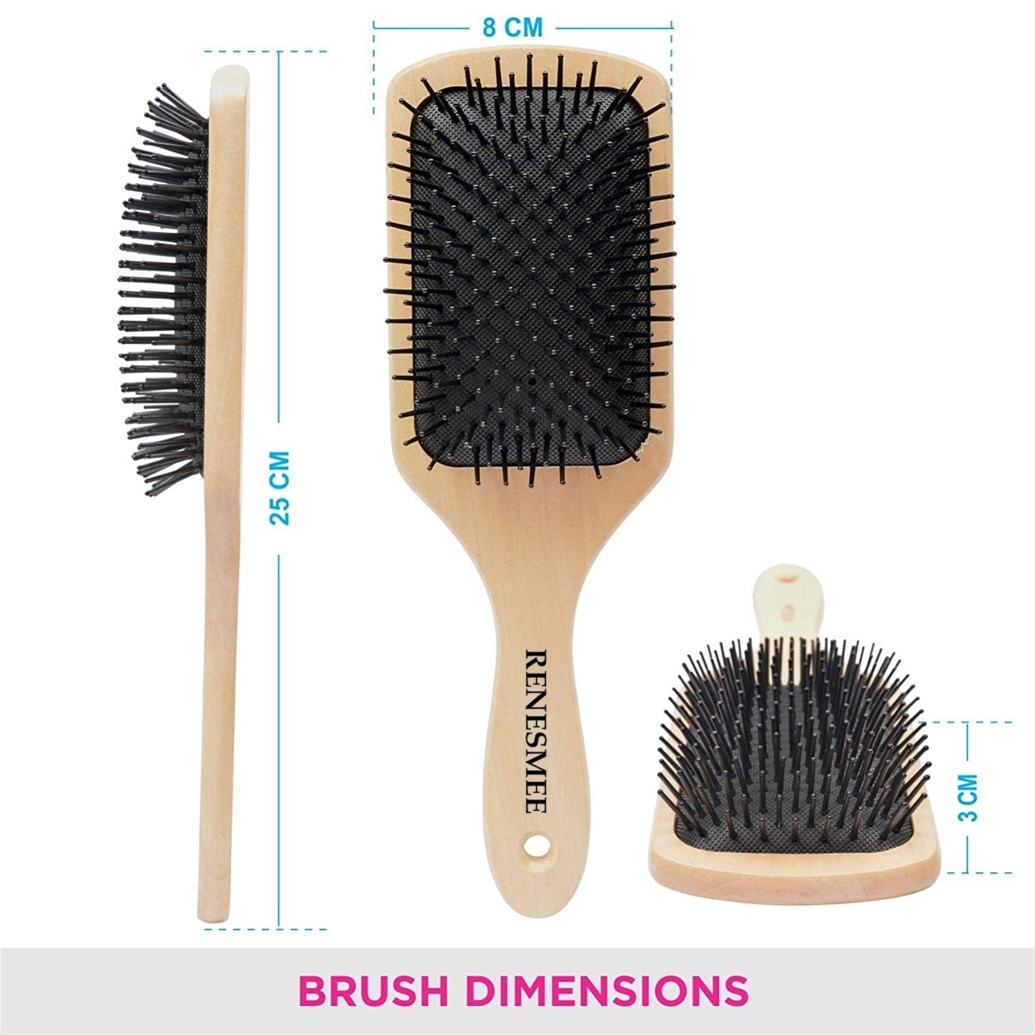 RENESMEE Metal Pin Bristle Hair Brush - Detangling & Anti-Static Paddle Brush with Rounded Steel Bristles - Ergonomic Wooden Handle for Scalp Massage - Perfect for Normal, Curly, Thick Hair & Wigs - Salon & Home Hair Care Essential