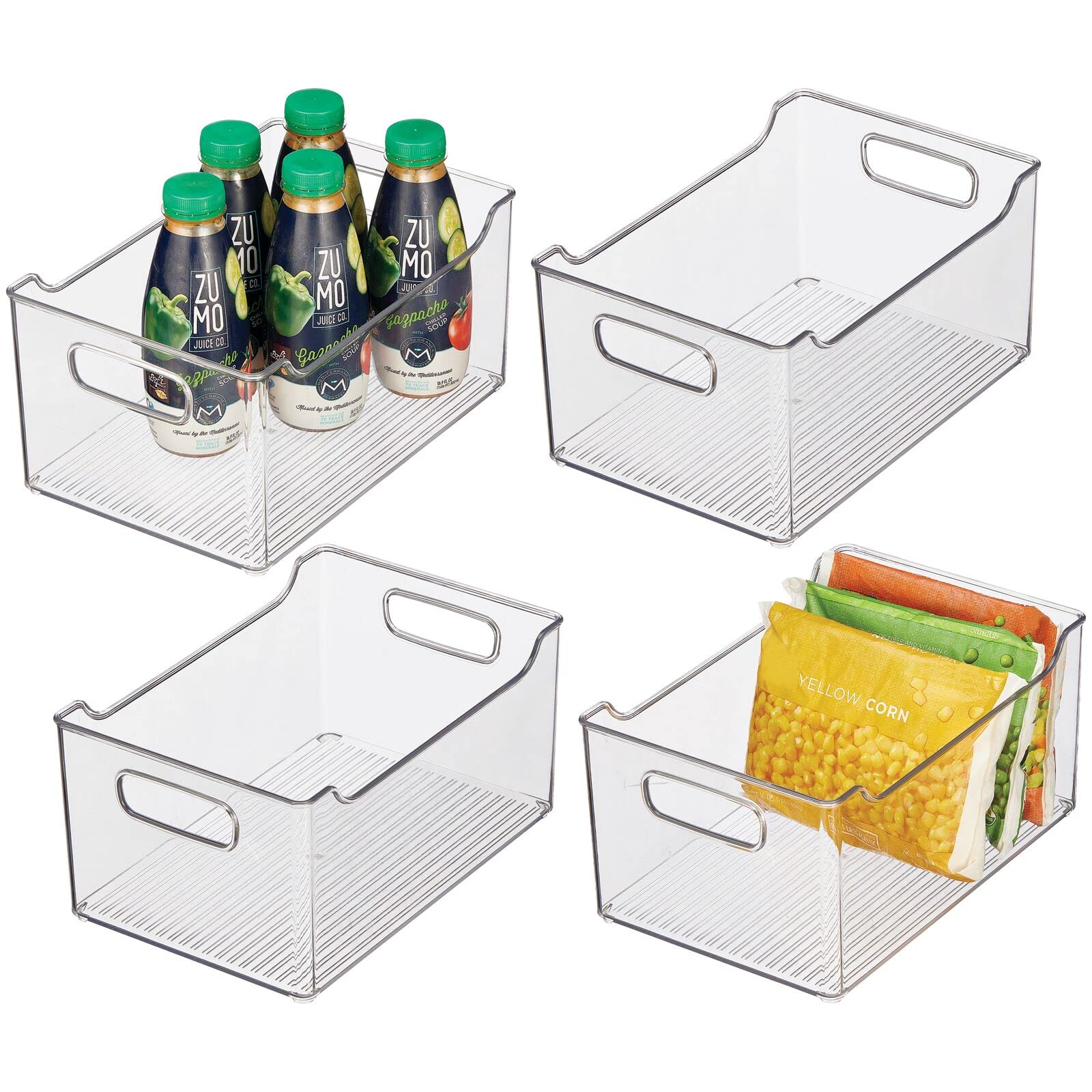 mDesign Clear Plastic Storage Bins with Handles - 4 Pack Kitchen & Pantry Organizer for Fruits, Vegetables, Snacks, Drinks - Perfect for Cabinet, Shelf, Fridge & Freezer Organization