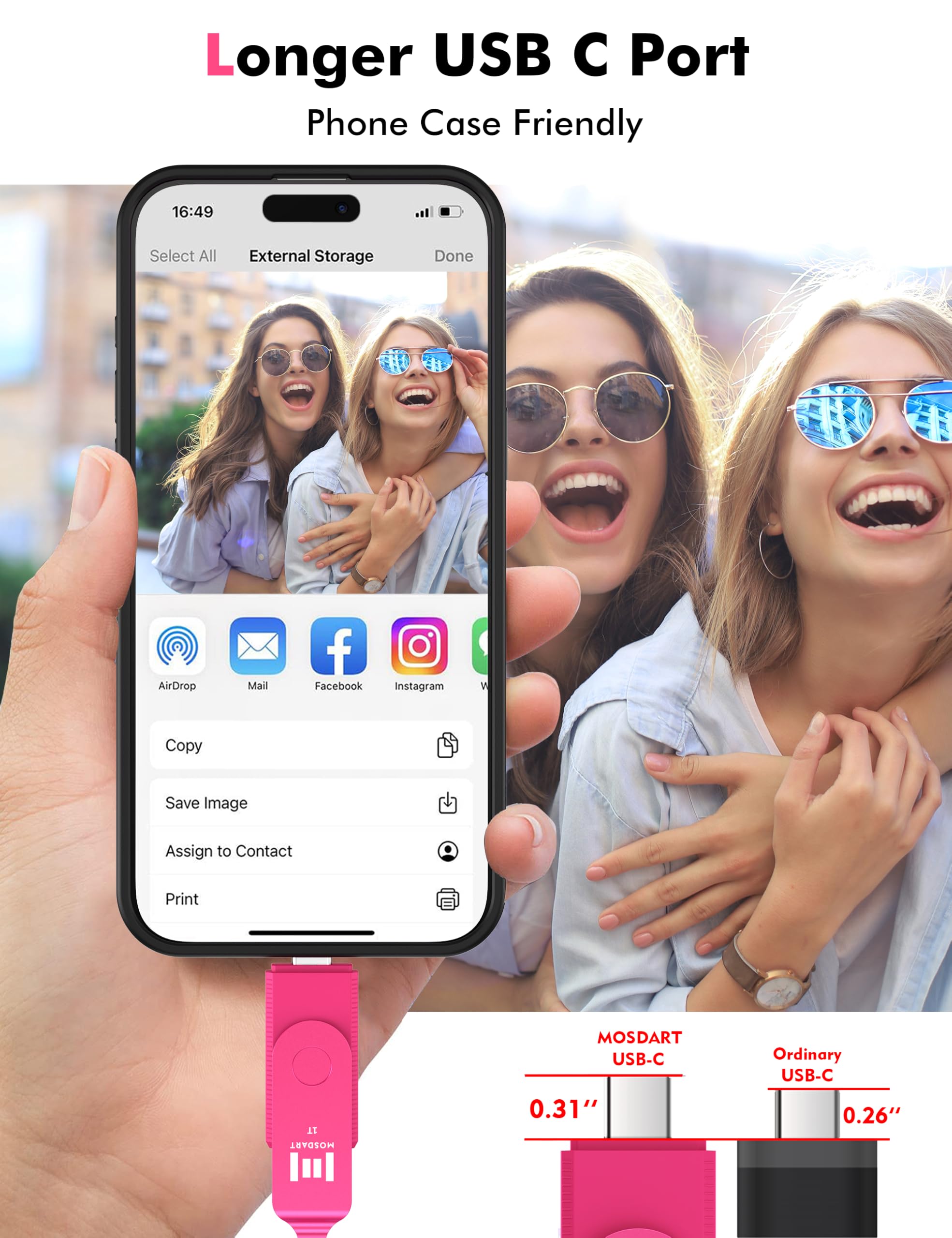 MOSDART 1TB USB 3.1 Flash Drive - High-Speed Dual C&A Interface Memory Stick with Keychain & LED Light - Compatible with iPhone 15/16, Android, iPad, MacBook - exFAT Format - Hot Pink - Perfect for Data Transfer, Backup & Portable Storage
