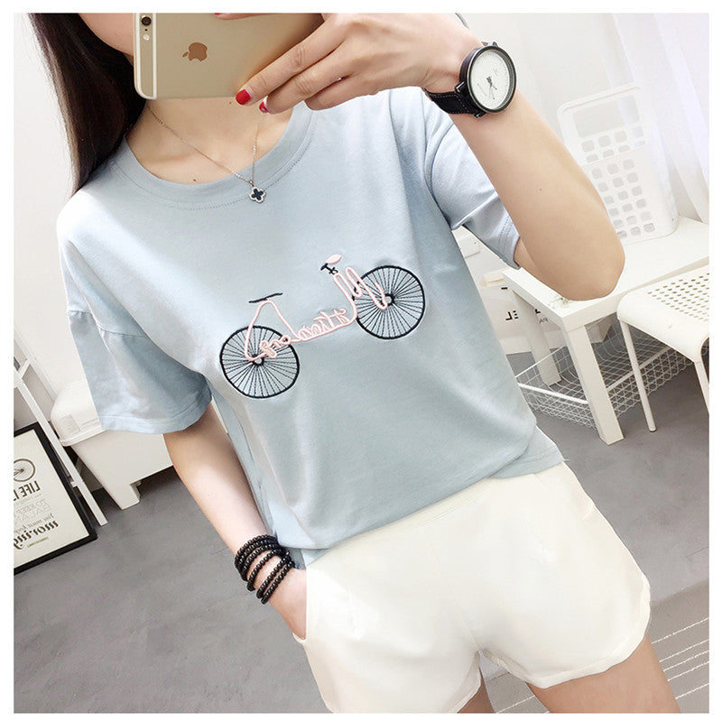 Harajuku Style Cotton Shirt with Bicycle Embroidery - Trendy Japanese Streetwear for Casual Outfits & Fashion Photography
