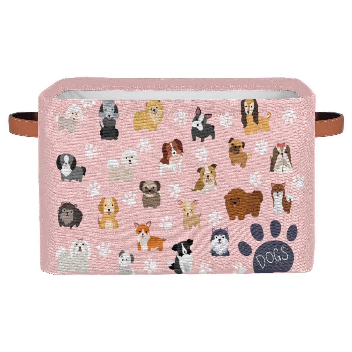Cute Pink Dog Storage Baskets with Handles - Collapsible Rectangular Fabric Toy Organizer Bin for Closet, Shelf, Laundry, Nursery & Kids Bedroom (15x11x9.5 Inches) - Perfect for Home Organization & Pet Toy Storage