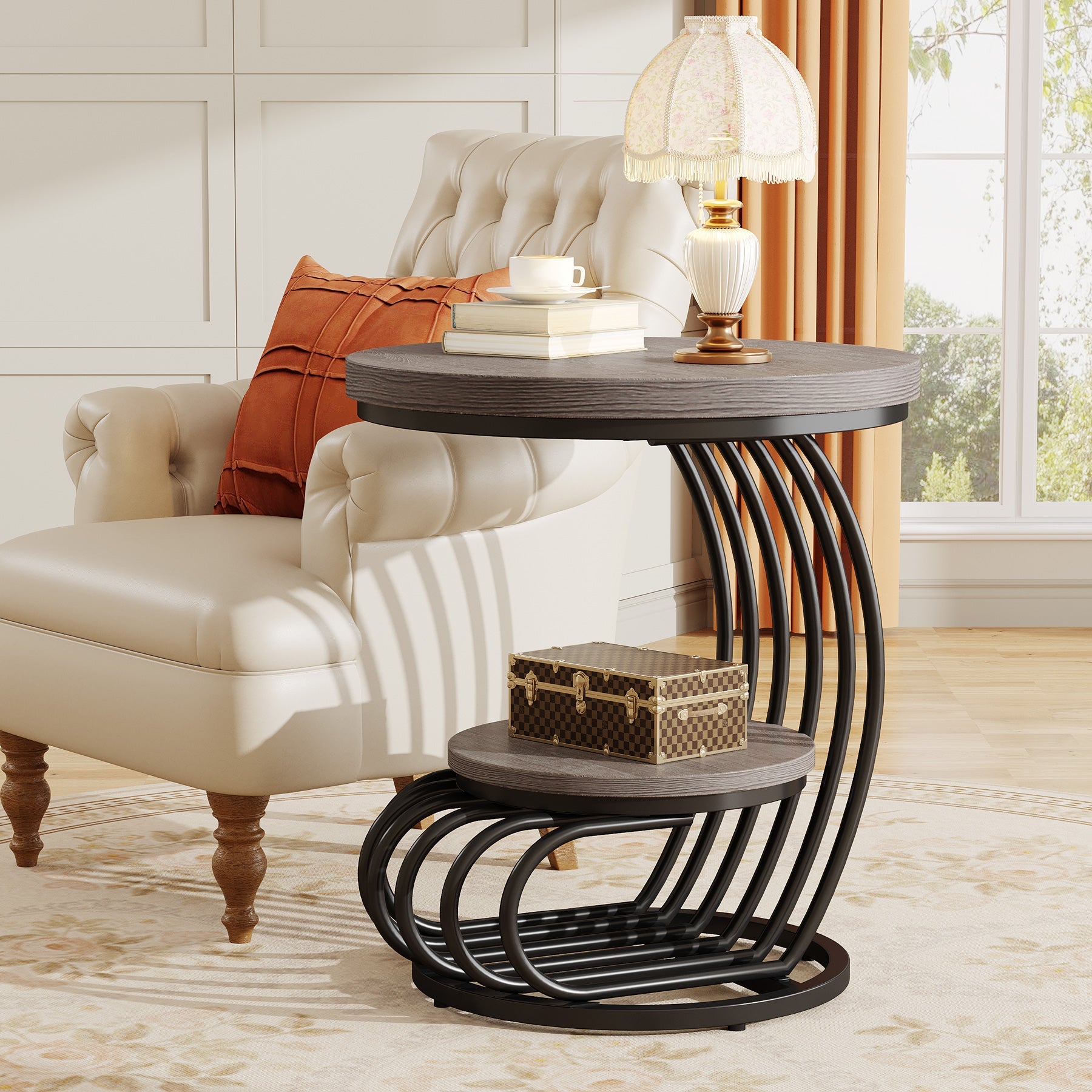Round End Table with Storage Shelf - 2-Tier Faux Marble Side Table for Living Room, Bedroom & Office - Modern Accent Table with Sturdy Metal Frame for Home Decor