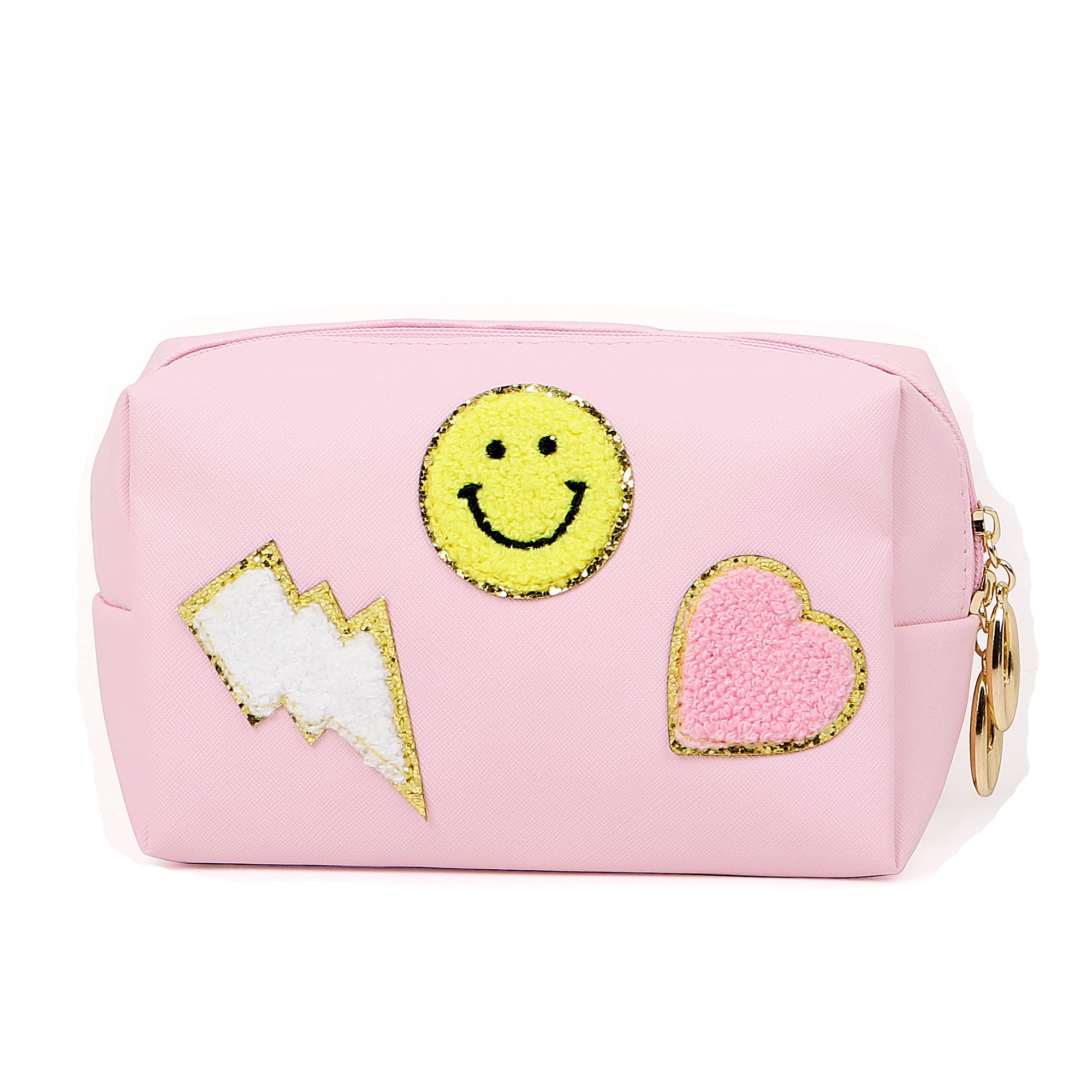 Preppy Patch Makeup Bag - Waterproof PU Leather Cosmetic Organizer for Women & Girls | Cute Pink Travel Toiletry Bag | Perfect for Daily Use, School, Travel & Gift Giving