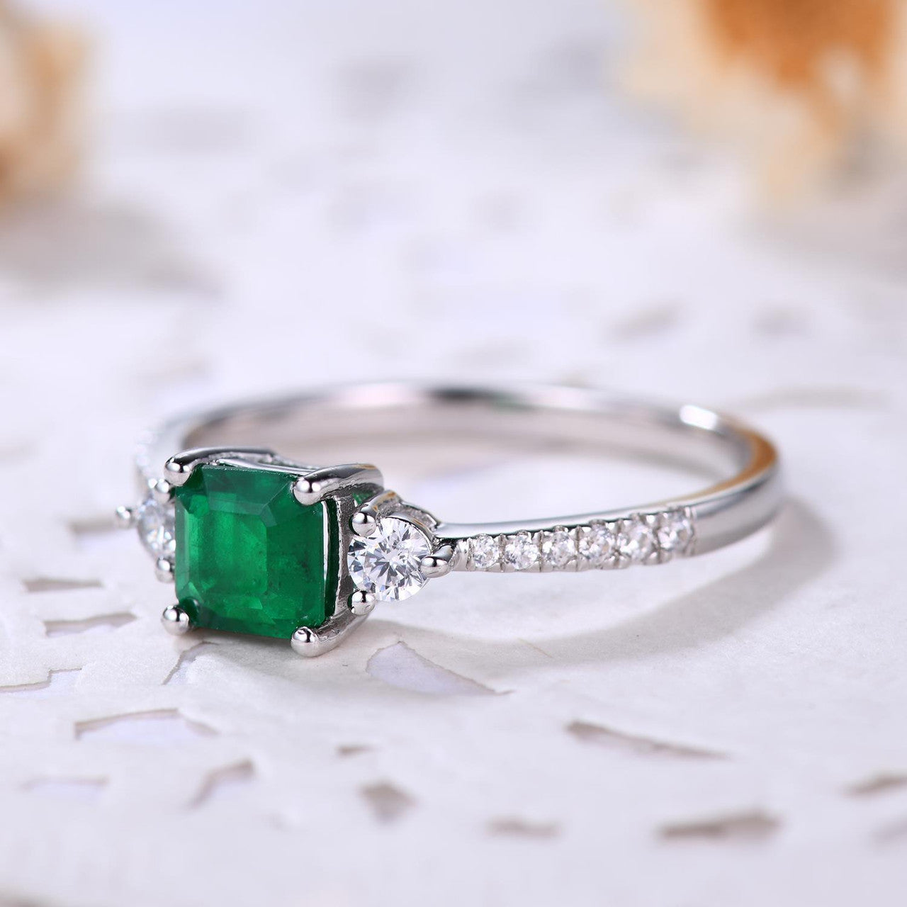 Exquisite Natural Zambian Emerald Three-Stone Platinum Ring with Diamond Accents - Perfect for Engagement, Anniversary & Special Occasions