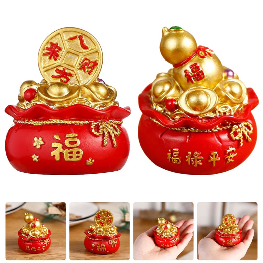 2Pcs Chinese Feng Shui Golden Money Bag Treasure Basin - Lucky Wealth Ingot Decorative Figurine for Home & Office - Attract Prosperity & Good Fortune - Perfect for Desk Decor, Gift Giving & Feng Shui Arrangements