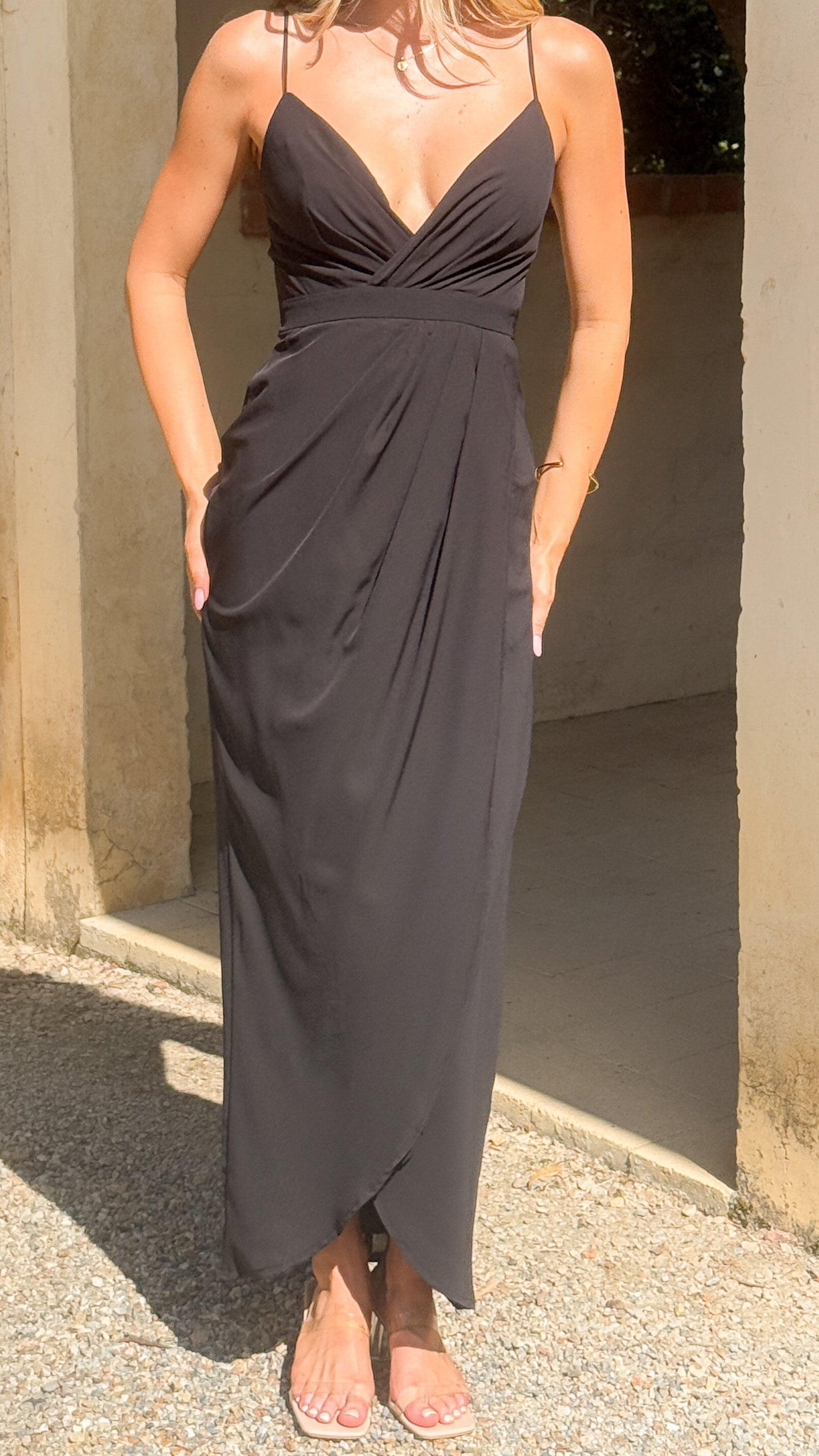 Charlotte Draped Maxi Dress for Women - Elegant Black Long Evening Gown for Parties, Weddings & Special Occasions