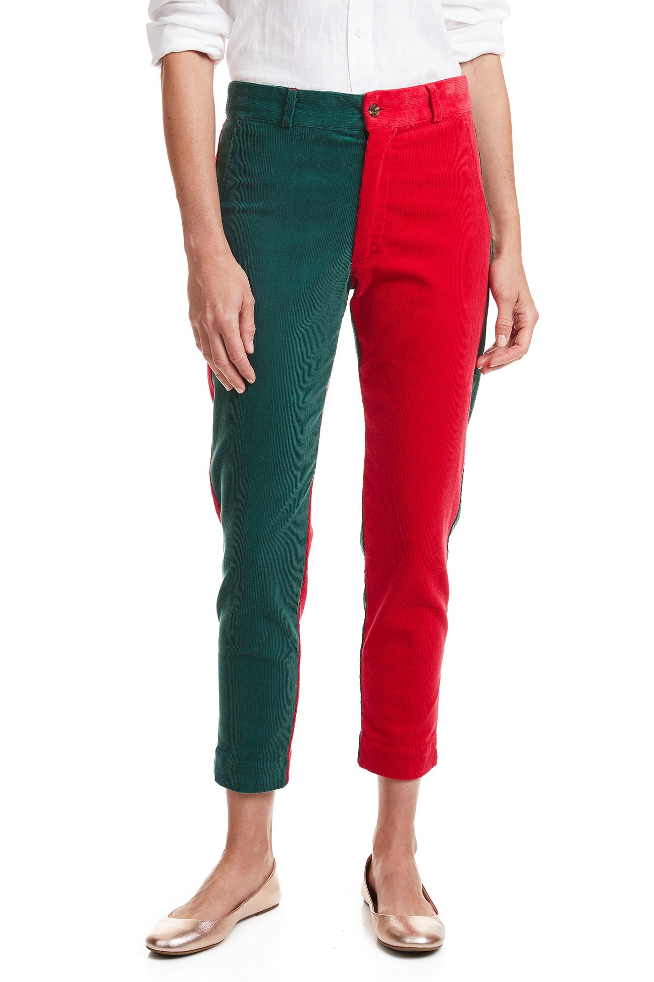 Beachcomber Corduroy Ankle Capri Pants for Women - Hunter Green & Crimson Panel Design - Perfect for Casual Outings, Beach Walks, and Fall Fashion