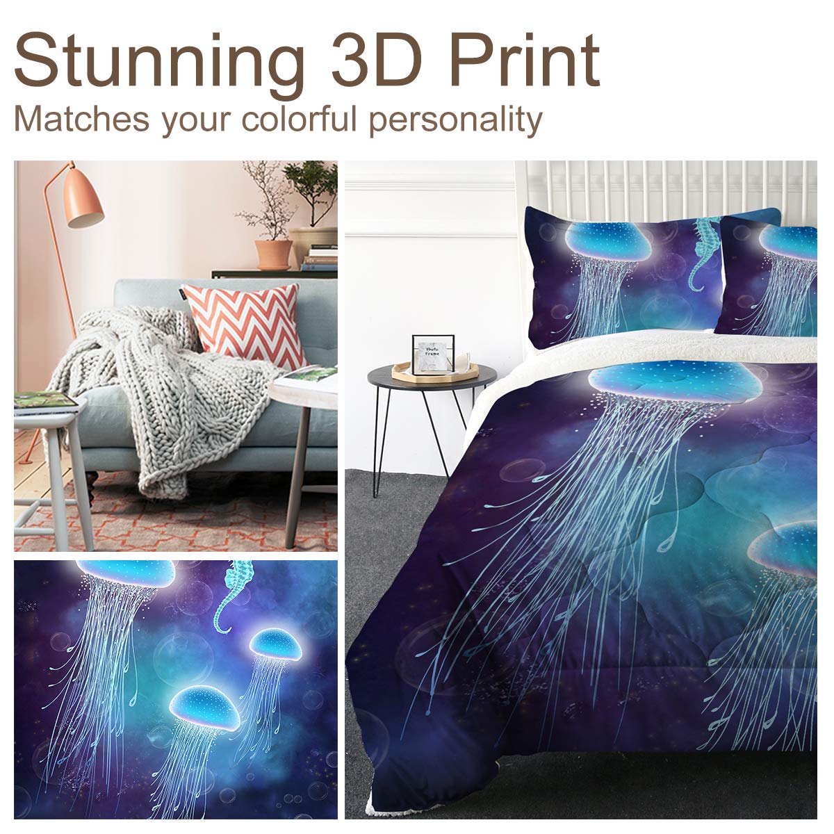 Ultra-Soft Micromink Sherpa Comforter Bed Set - 3D Lightweight Fuzzy Duvet Blanket with Polyester Filler - 2 Pillow Shams Included (Blue Jellyfish, King Size) - Perfect for Cozy Winter Nights & Bedroom Decor