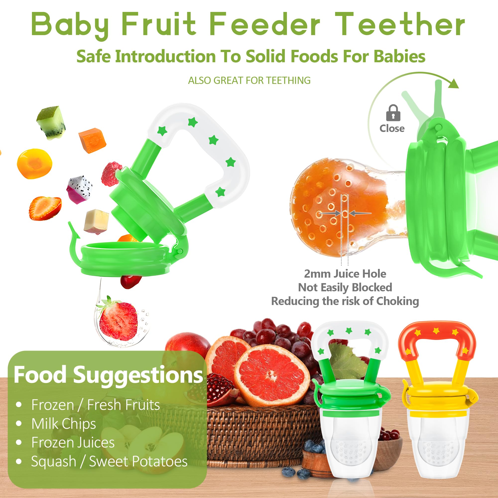 WAJIAYON Baby Fruit Feeder Pacifier - 5 Pack Set with 2 Silicone Teethers, 1 Food Dispensing Spoon | BPA-Free Mesh & Silicone Baby Food Feeder for Infants 6-12 Months | Perfect for Teething Relief, Fresh Fruit Snacks & On-the-Go Feeding (Green & Yellow)