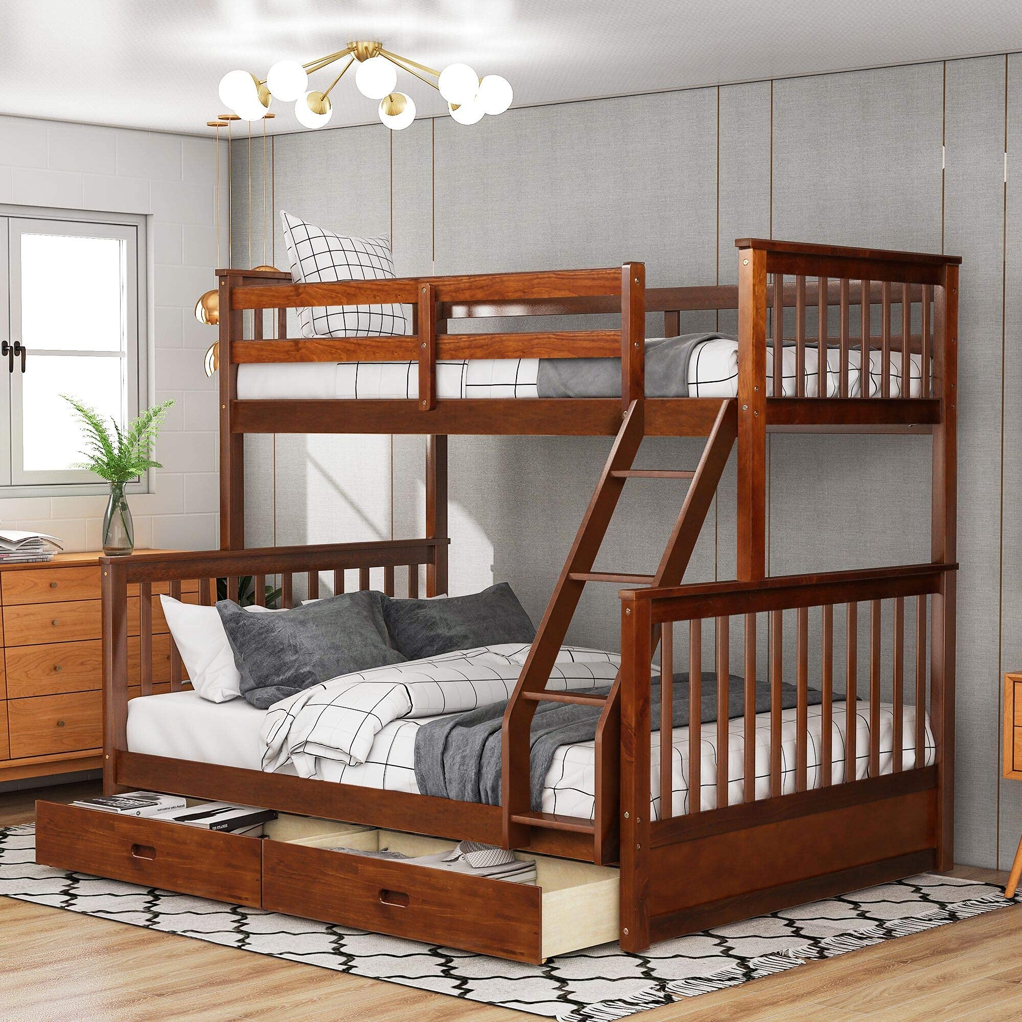 Twin Over Full Wood Bunk Beds with Storage Drawers - Solid Walnut Frame for Kids, Teens & Guest Rooms | Space-Saving Bedroom Furniture for Small Spaces & Shared Rooms