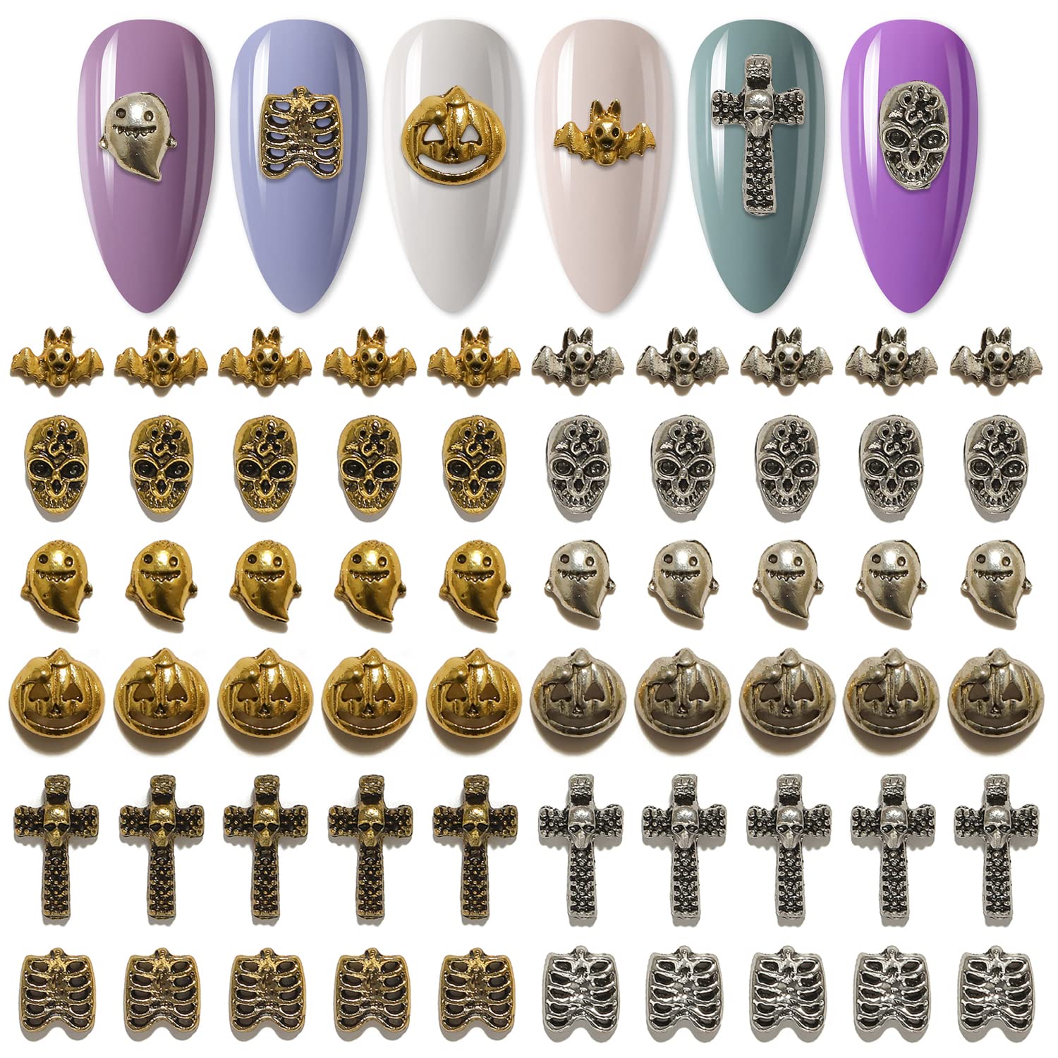 60pcs Halloween Nail Charms Set - 3D Alloy Nail Art Decorations with Cross, Pumpkin, Bat & Skull Designs for DIY Manicure - Perfect for Halloween Party, Cosplay & Nail Salon Decoration