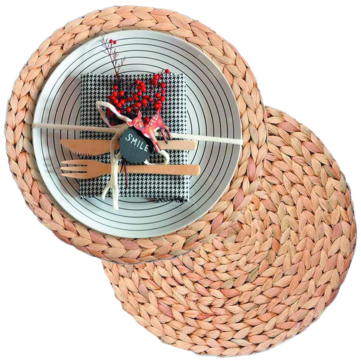 2 Pack Natural Wicker Braided Placemats - 13.5 Inch Round Woven Rattan Table Mats for Dining, Rustic Water Hyacinth Straw Chargers | Perfect for Farmhouse, Boho, and Coastal Home Decor