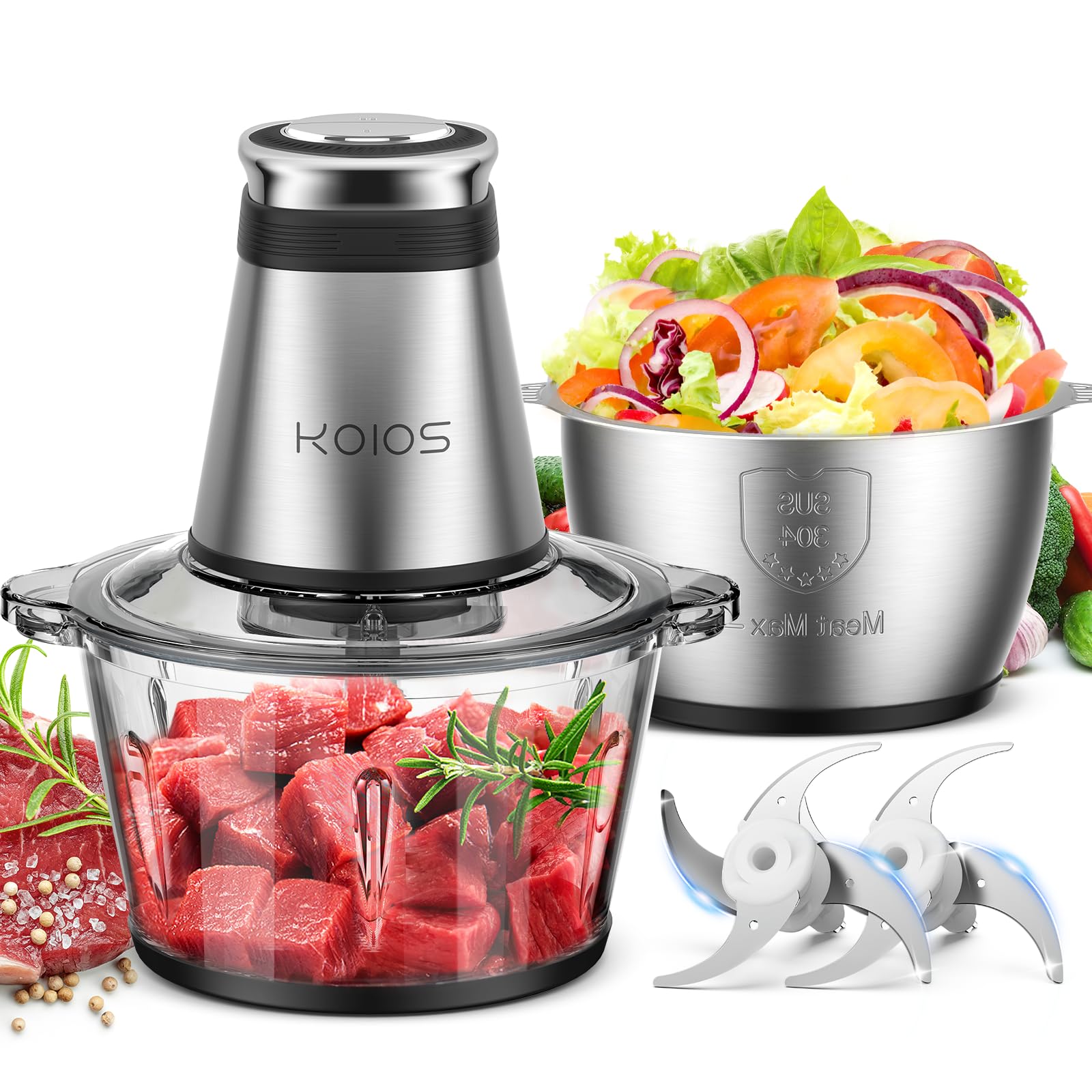 KOIOS 500W Electric Food Chopper - 2 Stainless Steel Bowls (8 Cup+8 Cup) & Dual Blades - Powerful Meat Grinder for Nuts, Onions, Garlic - Perfect for Baby Food Prep, Meal Prep & Kitchen Use - Black (Ideal for Home Cooking, Smoothies & Food Processing)